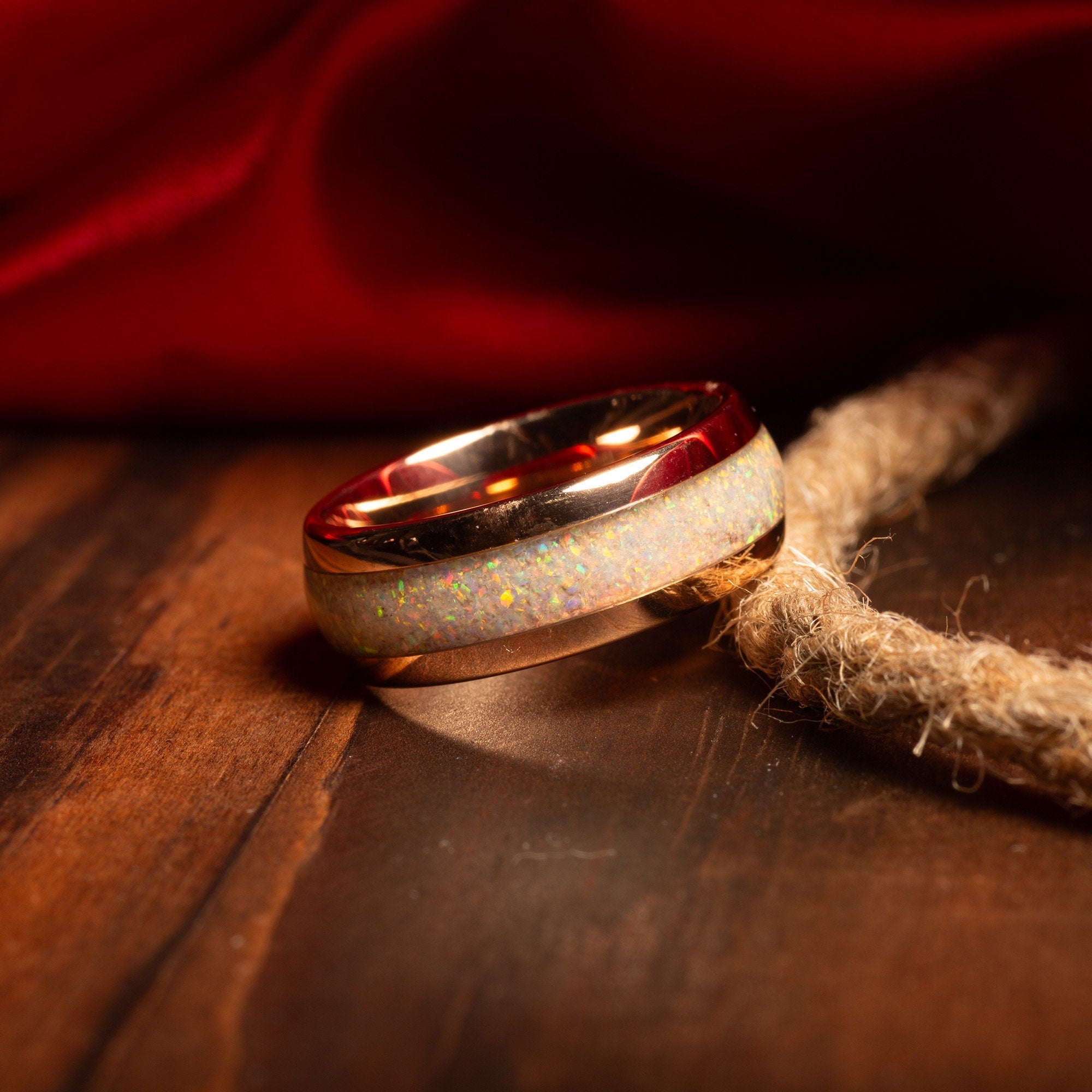 White Opal Wedding Band for Men | 8mm Rose Gold Tungsten Ring
