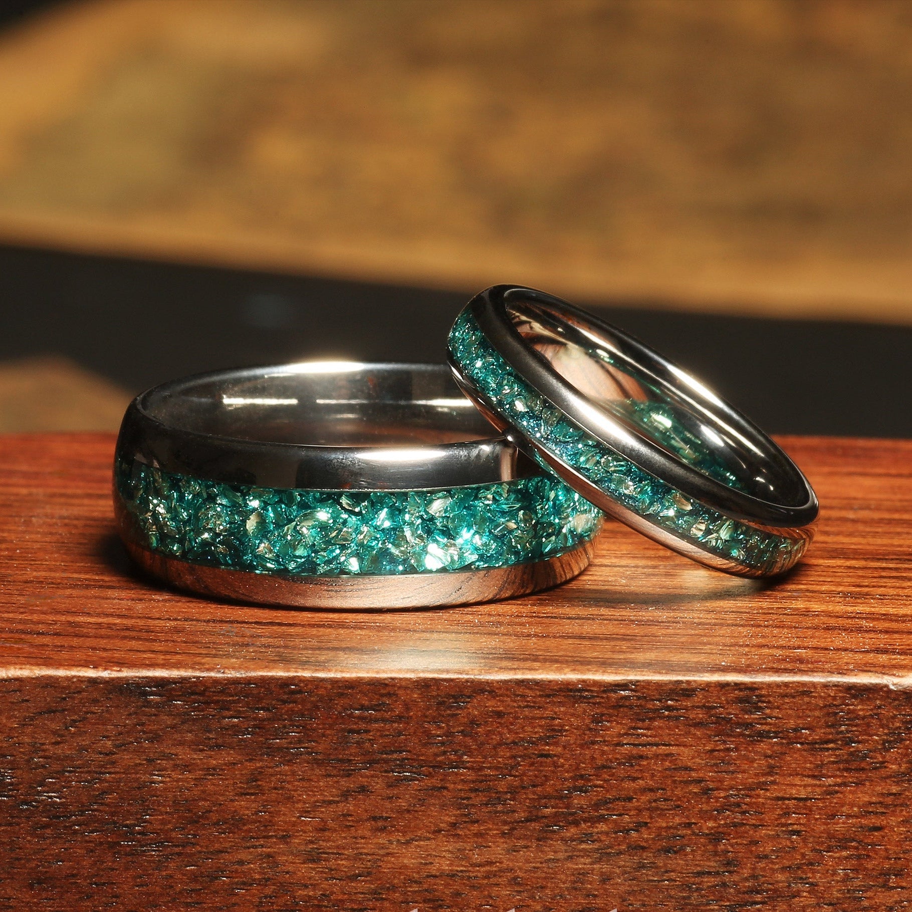 Aquamarine Matching Wedding Band Set | His and Hers Silver Tungsten Rings
