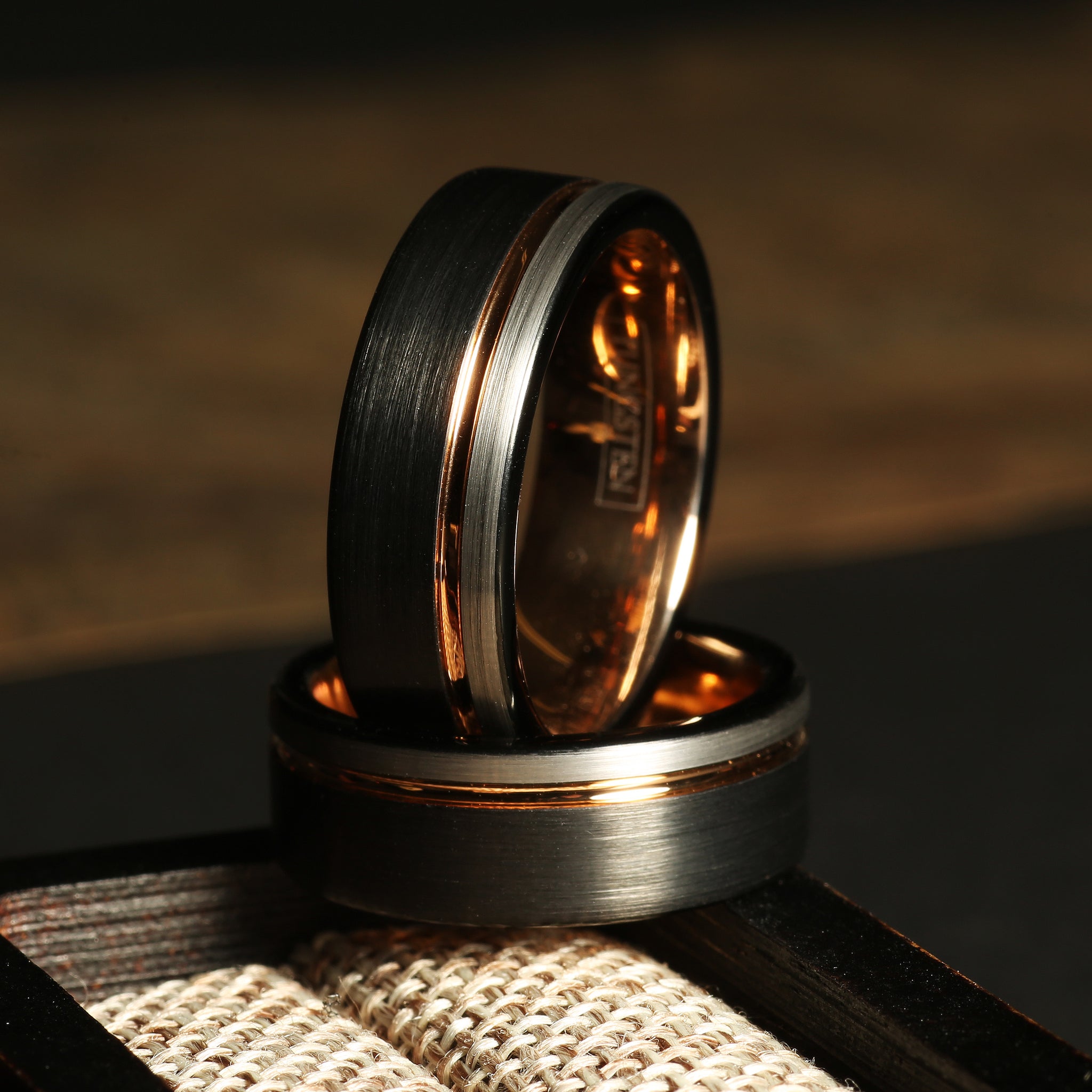 Corporate Rose Gold Strip Wedding Band for Men | 8mm Black Brushed Tungsten Ring