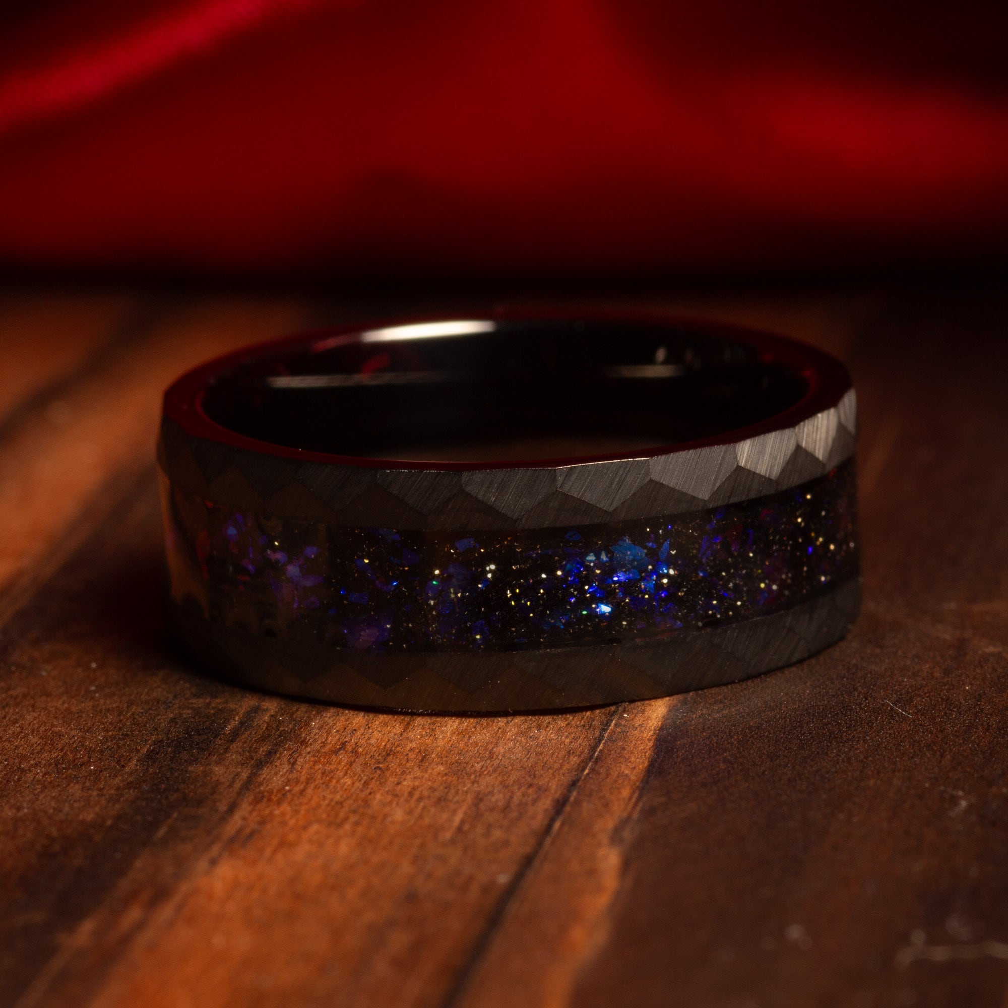 Orion Blue Sandstone Wedding Band for Men | Black Hammered Tungsten Ring