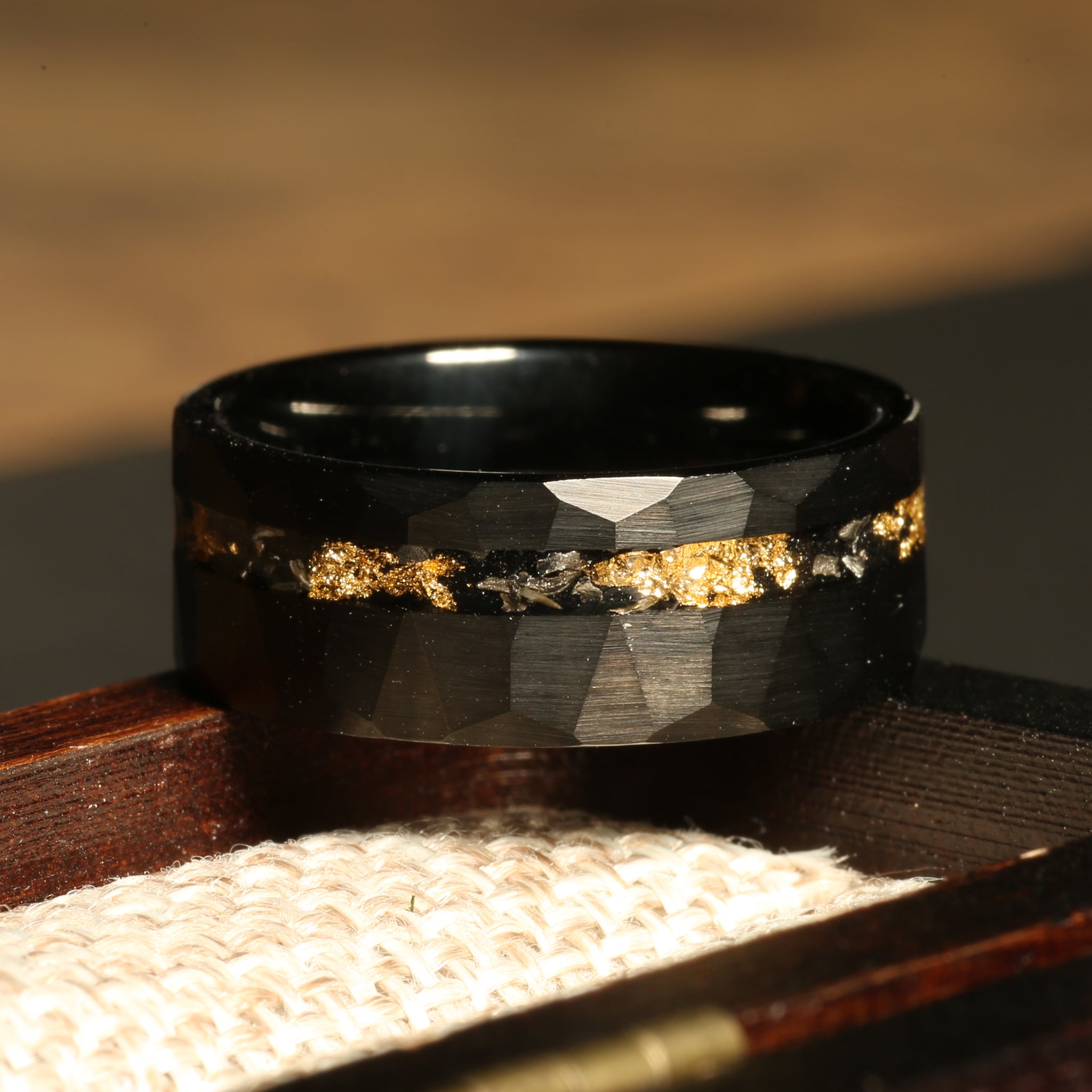 Black Hammered Meteorite Gold Leaf Wedding Band for Men | 8mm Tungsten Ring