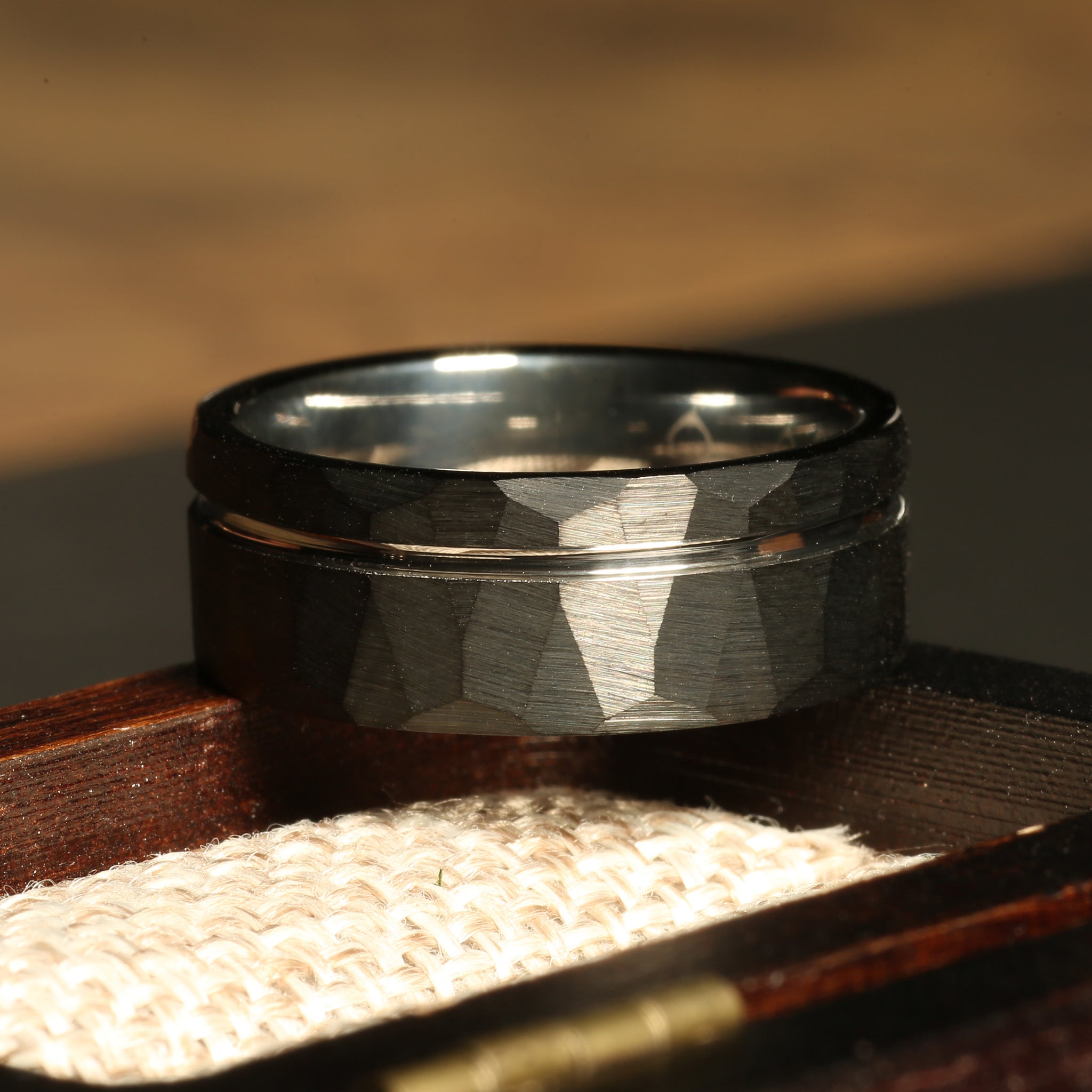 Black Hammered Tungsten Wedding Band for Men | 8mm Silver Interior Ring