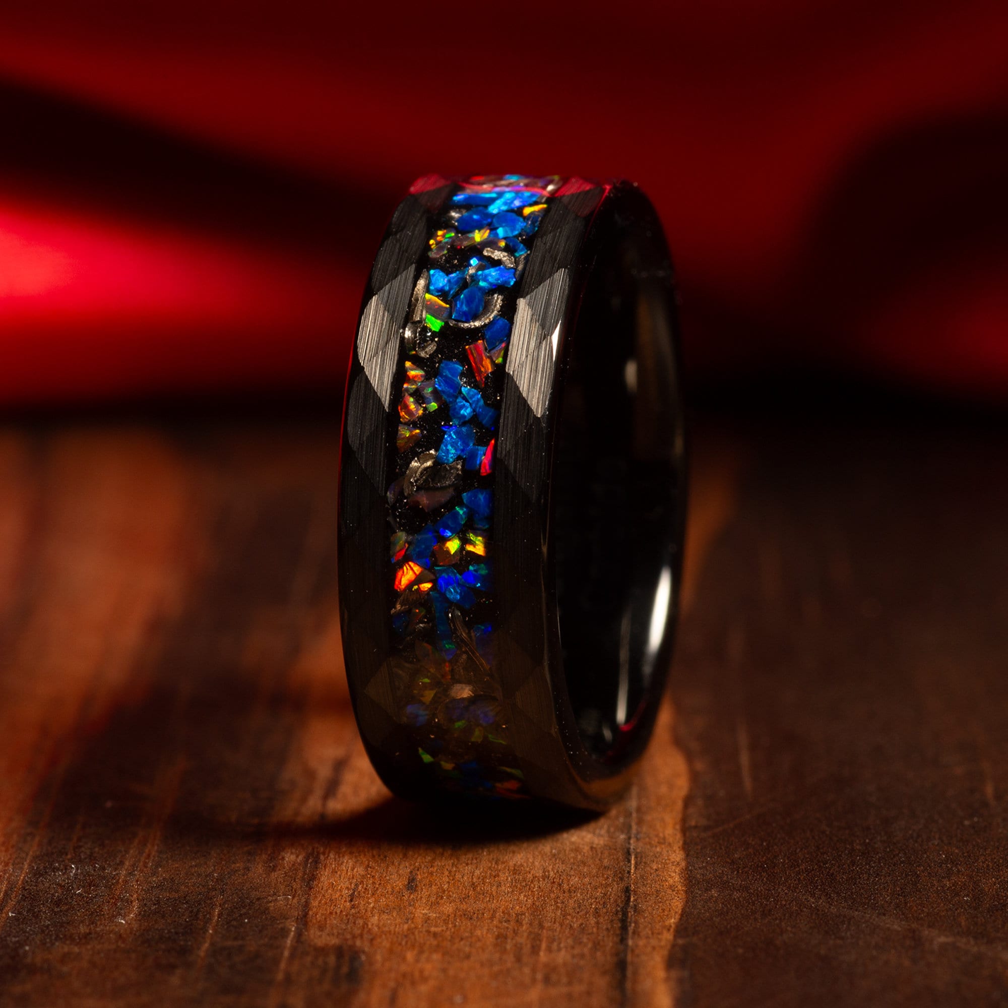 Meteorite Galaxy Opal Wedding Band for Men | 8mm Black Tungsten Ring