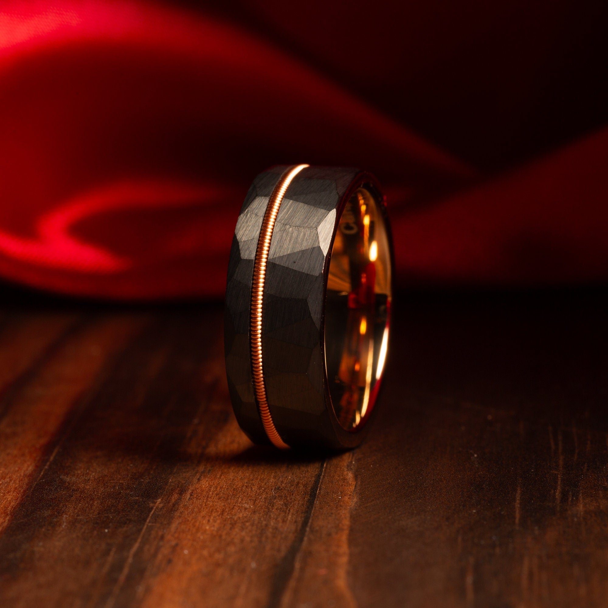 Guitar String Wedding Band for Men | 8mm Black Hammered Tungsten Ring