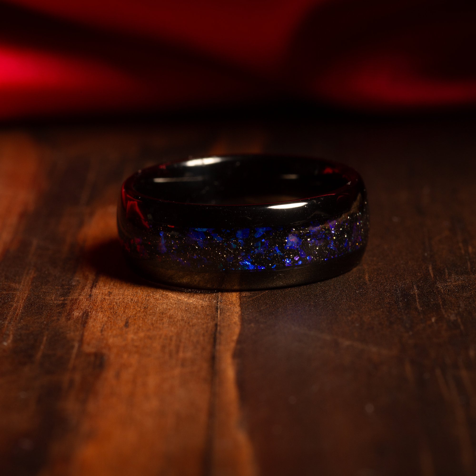 Meteorite Blue Opal Matching Wedding Band Set | His and Hers Black Tungsten Rings
