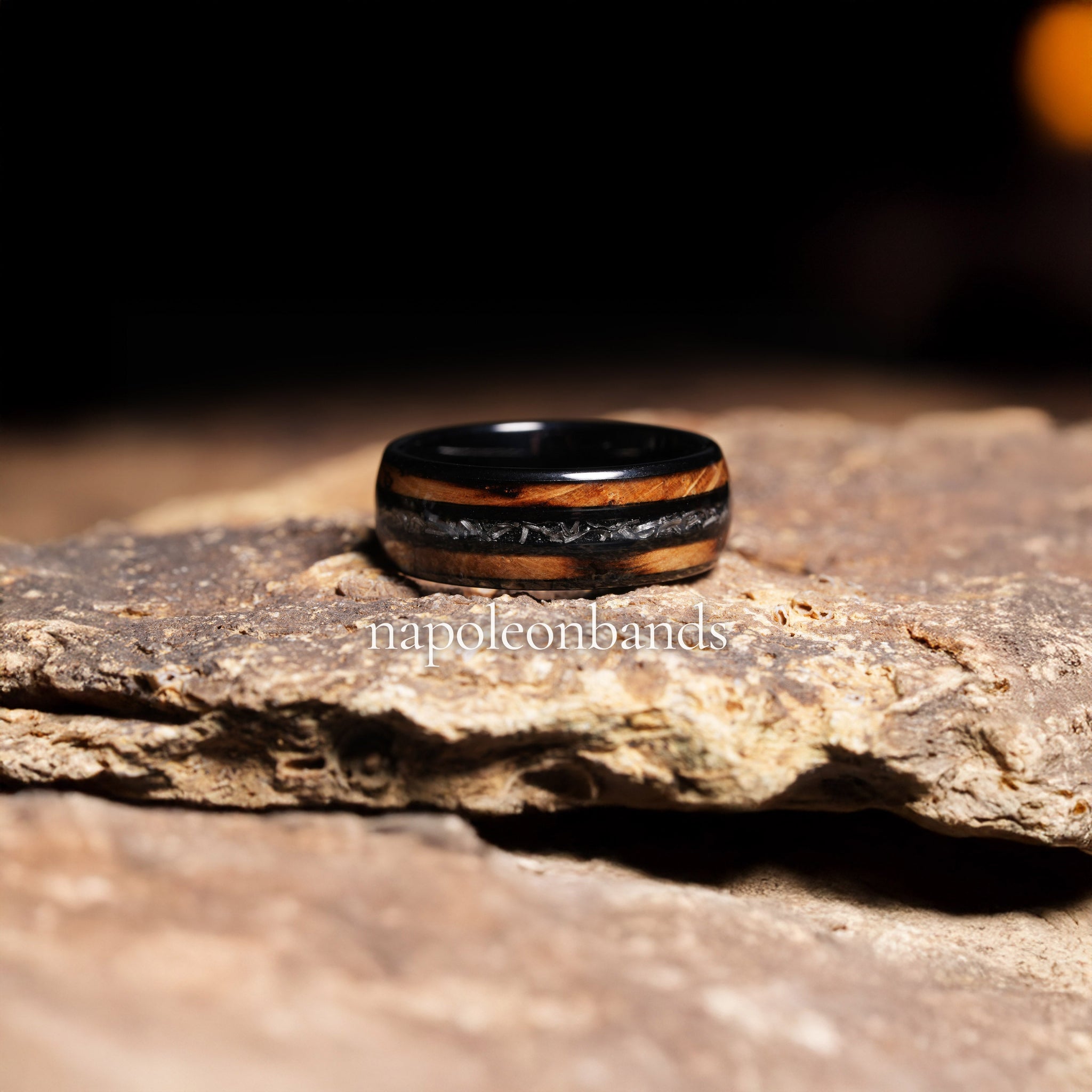 Whiskey Barrel Meteorite Wedding Band for Men | 8mm Domed Black Tungsten Ring