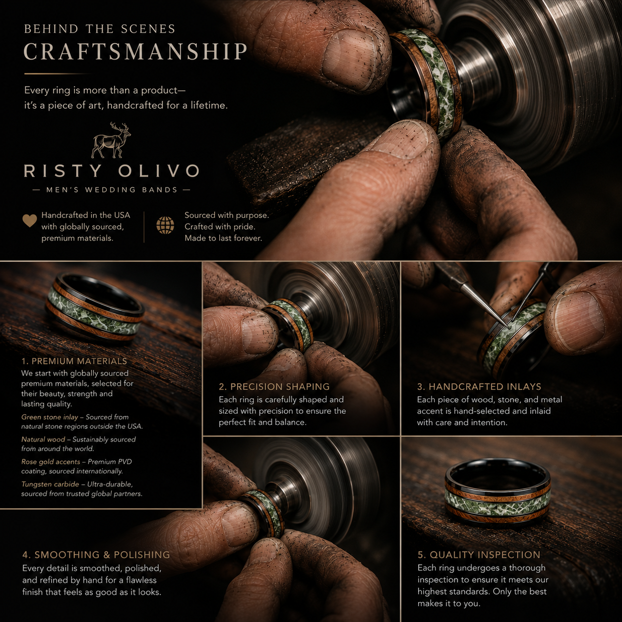 Whiskey Barrel Moss Agate Wedding Band for Men | 8mm Black Tungsten Ring