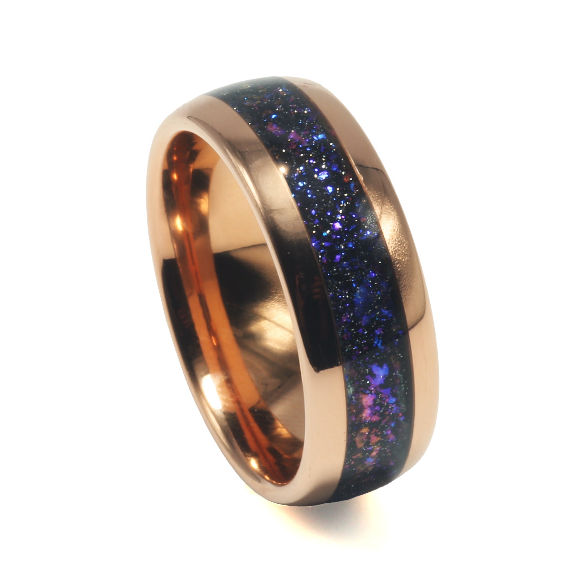 Meteorite Blue Opal Milky Way Wedding Band for Men | 8mm Rose Gold Tungsten Ring
