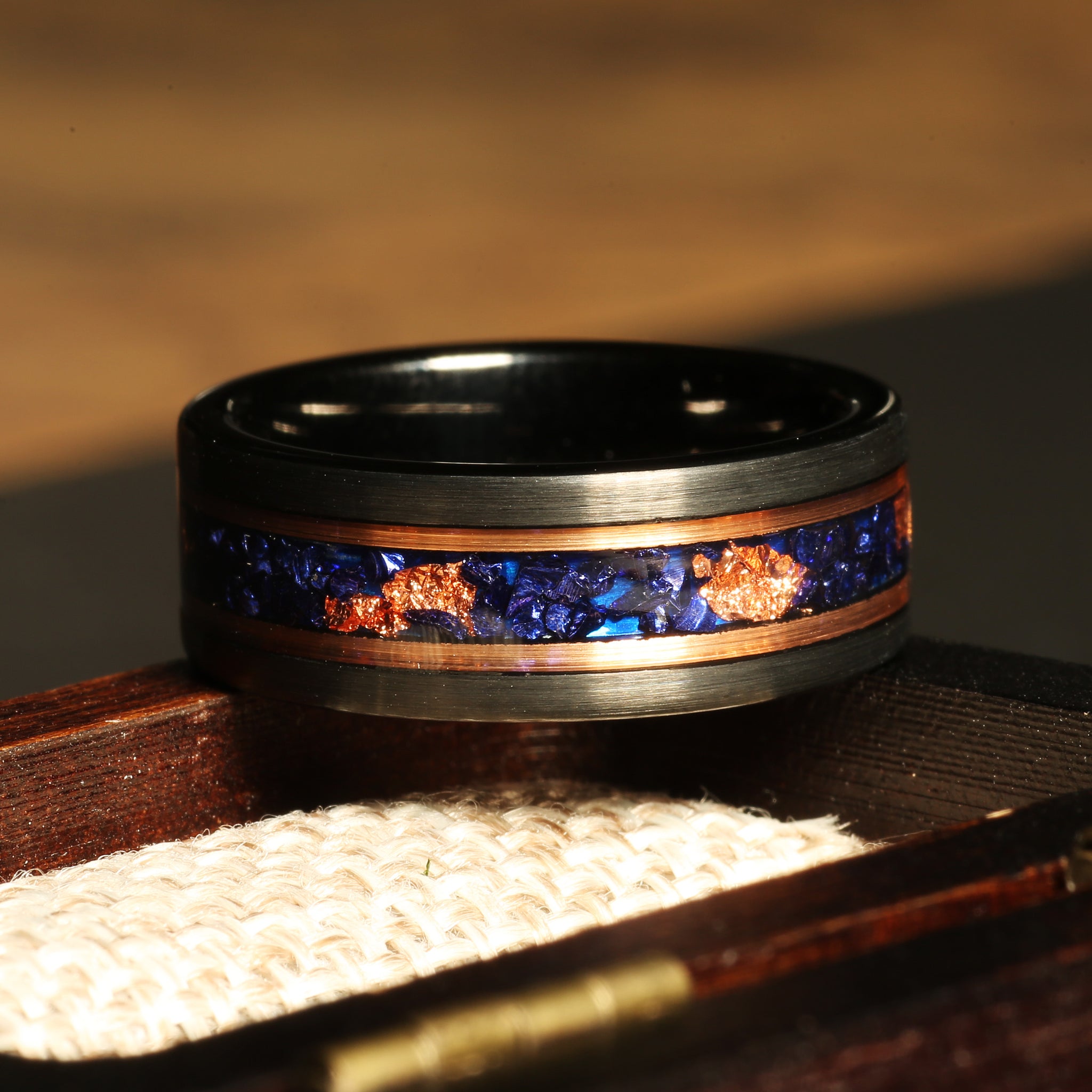 Blue Sapphire Gold Leaf Wedding Band for Men | 8mm Black Tungsten Ring