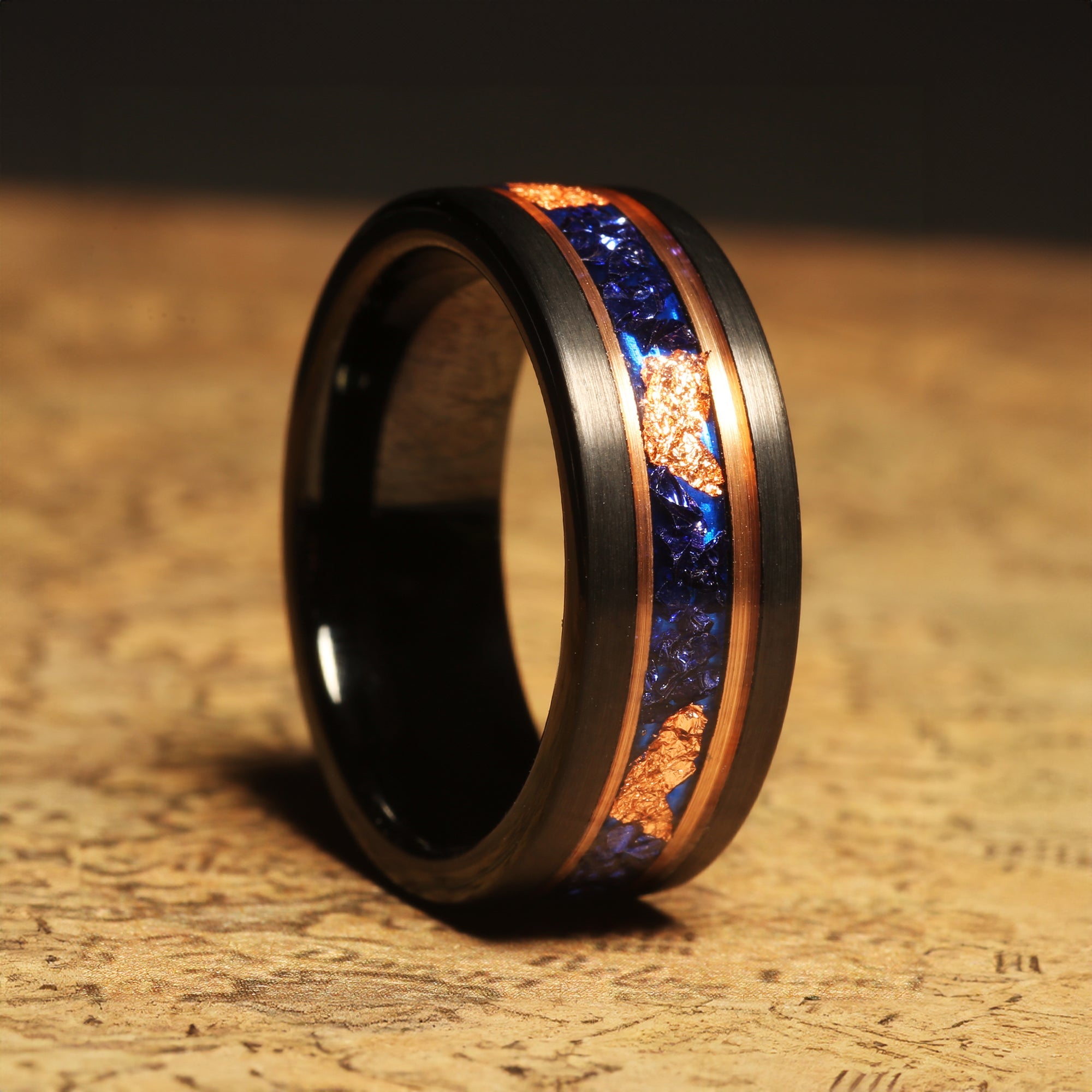 Blue Sapphire Gold Leaf Wedding Band for Men | 8mm Black Tungsten Ring