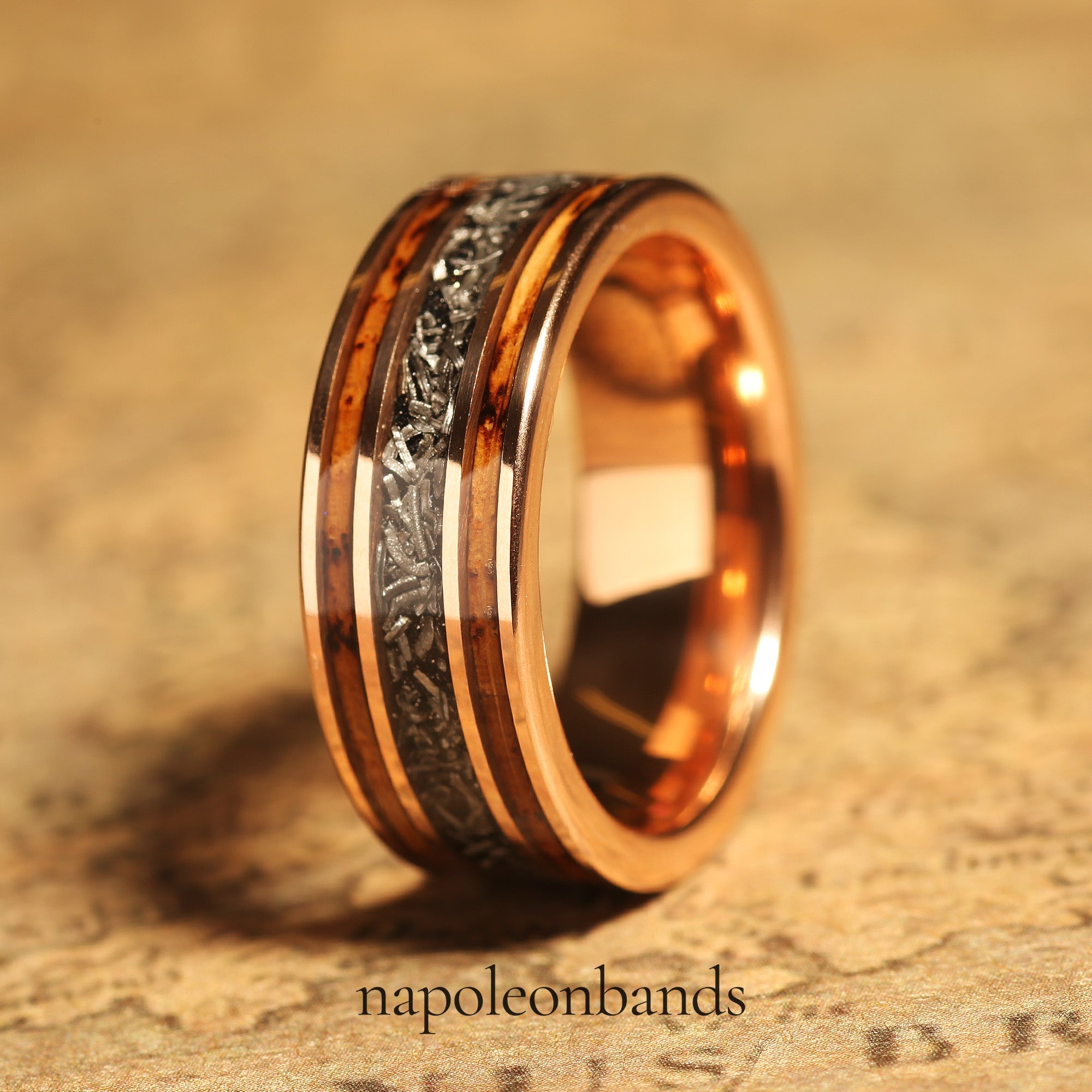 Whiskey Barrel Meteorite Wedding Band for Men | 8mm Rose Gold Tungsten Ring
