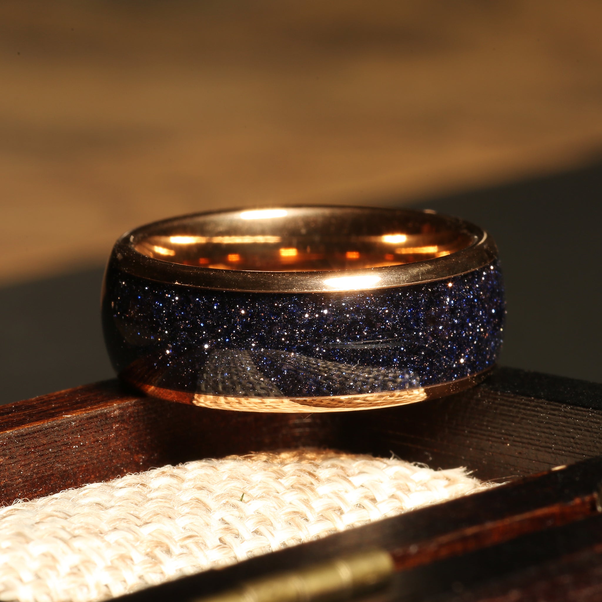 Blue Sandstone Matching Wedding Band Set | His and Hers Rose Gold Tungsten Rings