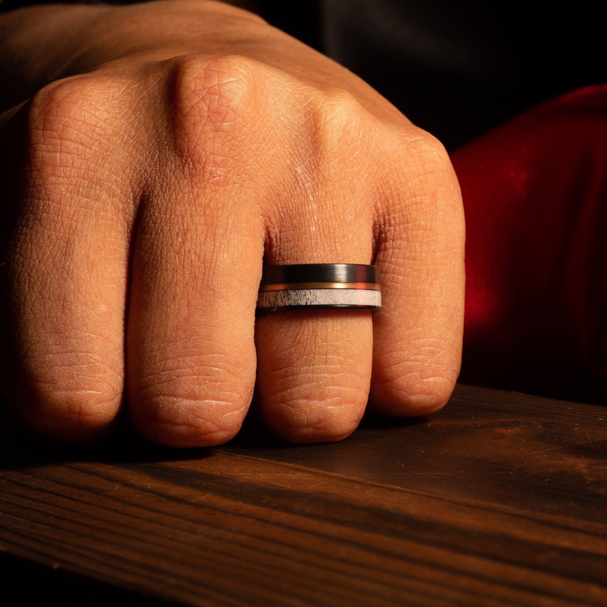 Deer Antler Matching Wedding Band Set | His Black Tungsten & Her Sterling Silver Ring