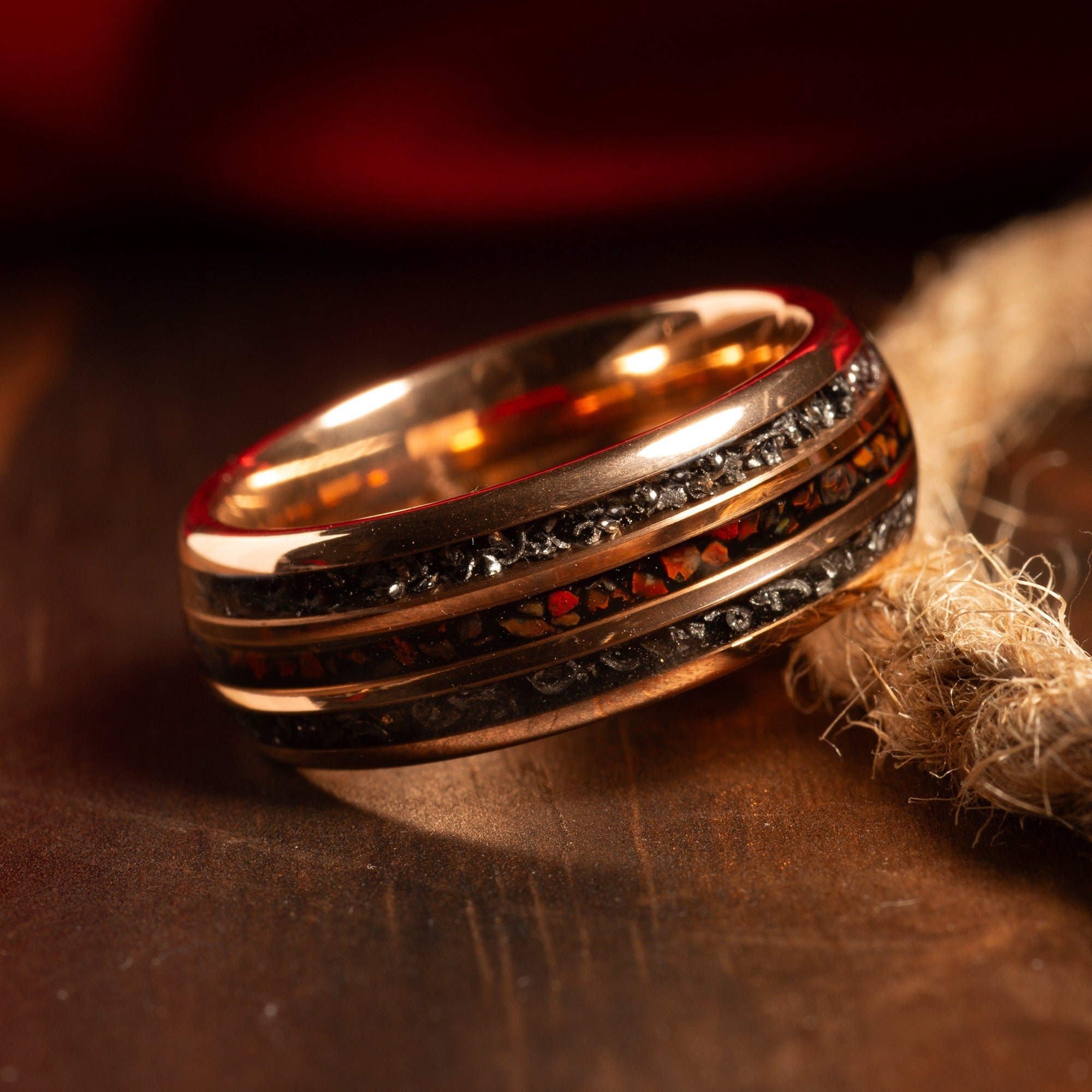 Meteorite Dinosaur Bone Matching Wedding Band Set | His and Hers Rose Gold Tungsten Rings
