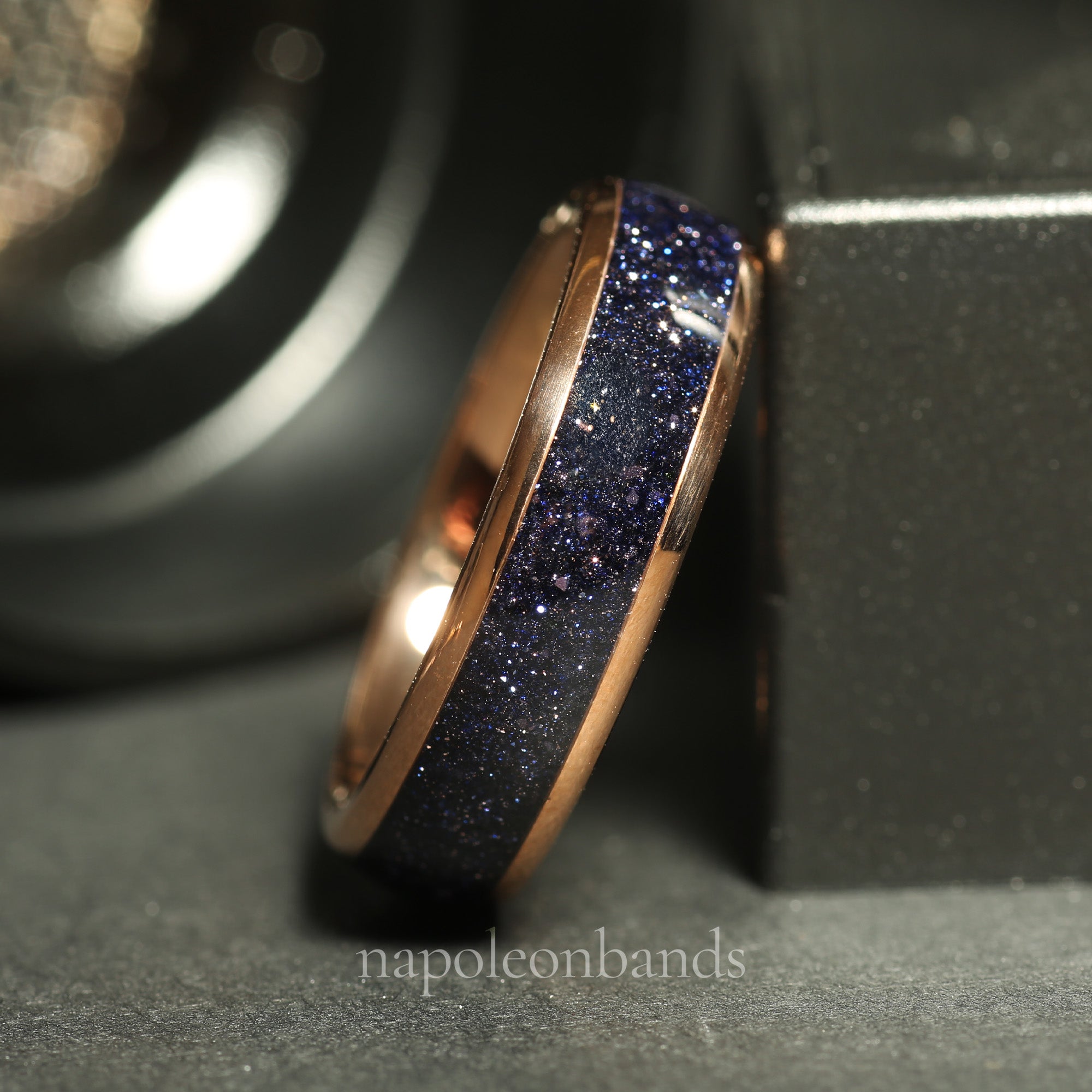 Milky Way Sandstone Matching Wedding Band Set | His and Hers Rose Gold Tungsten Rings