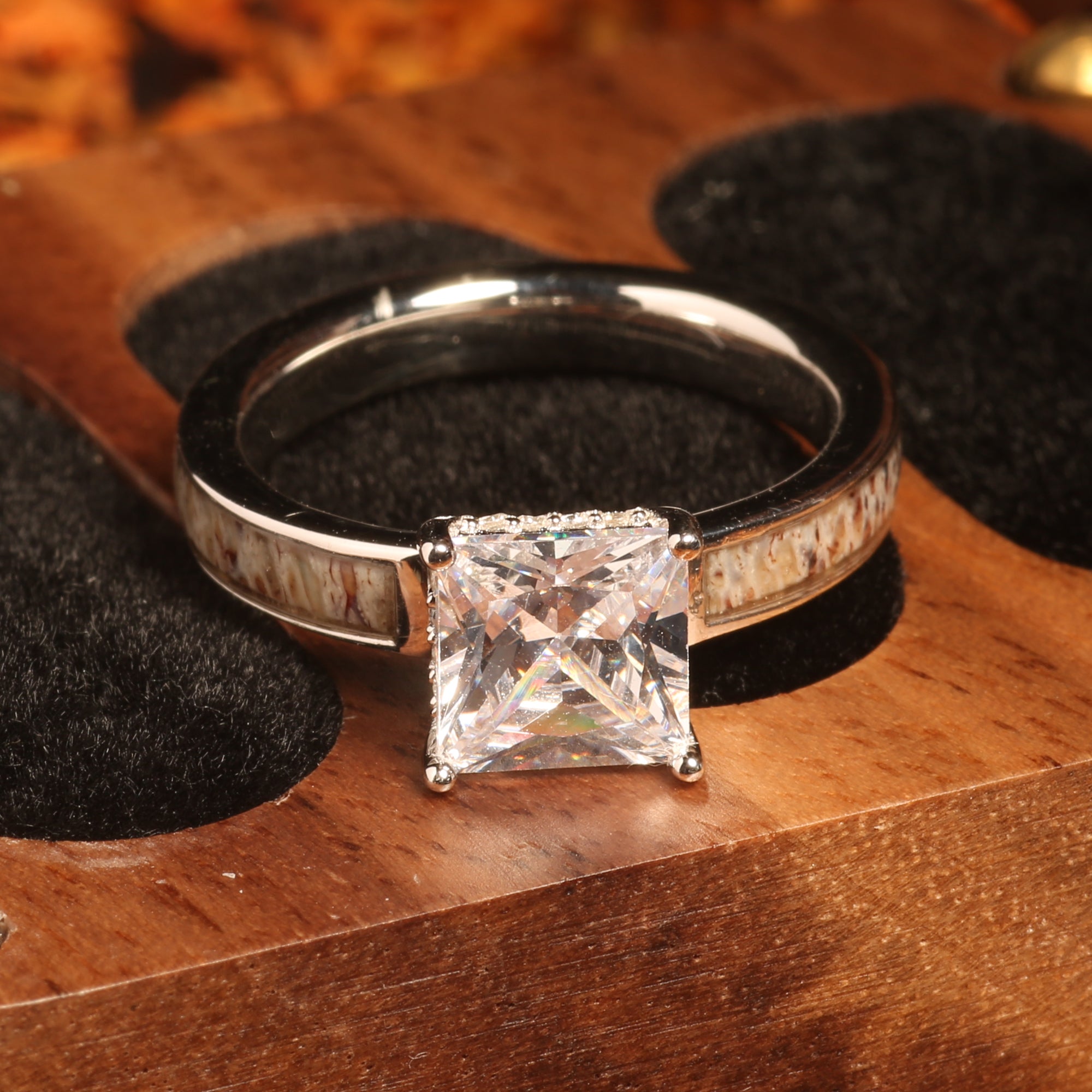 Deer Antler Princess Cut Ring for Women | 4mm Sterling Silver Band