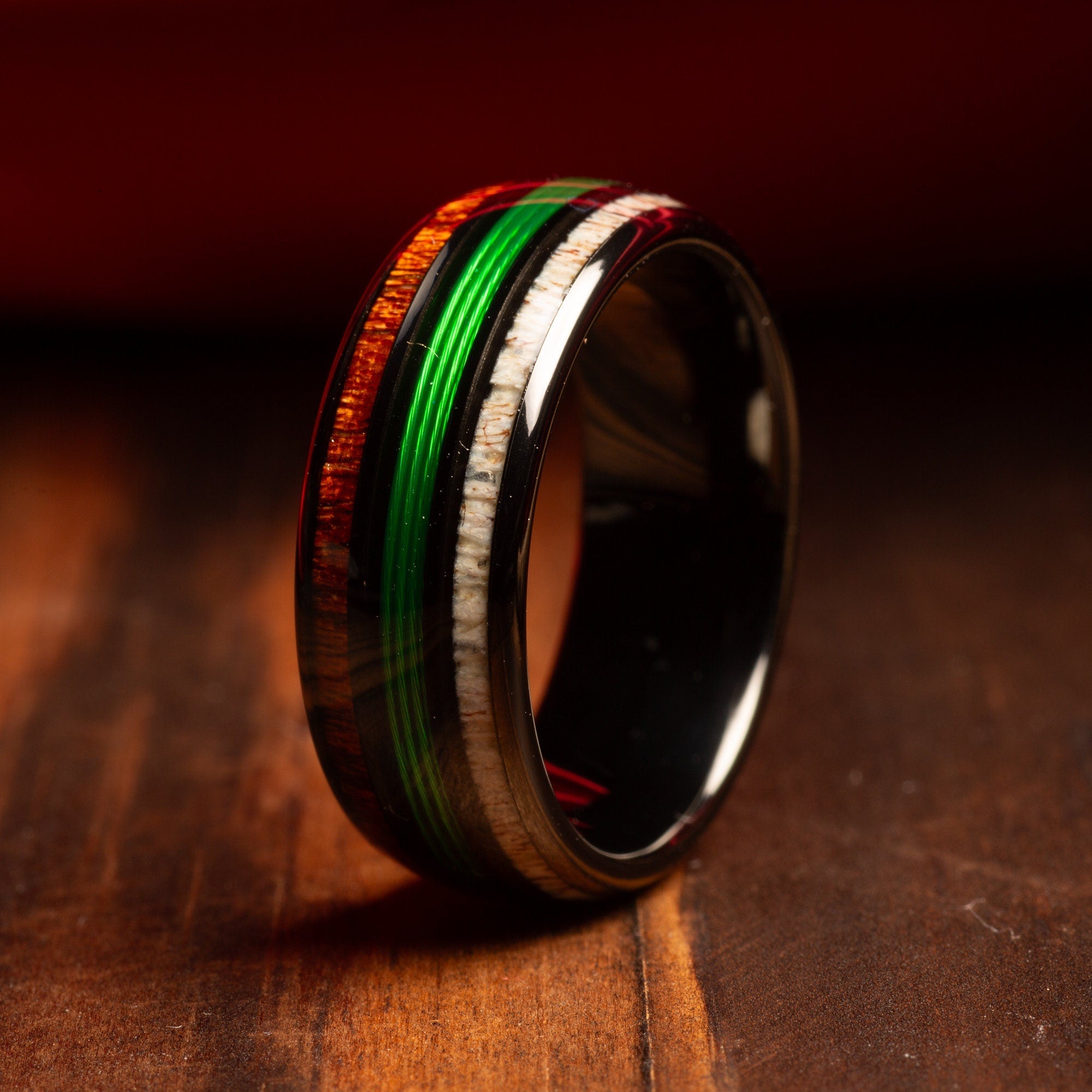 Koa Wood Deer Antler Fishing Line Wedding Band for Men | 8mm Black Tungsten Ring
