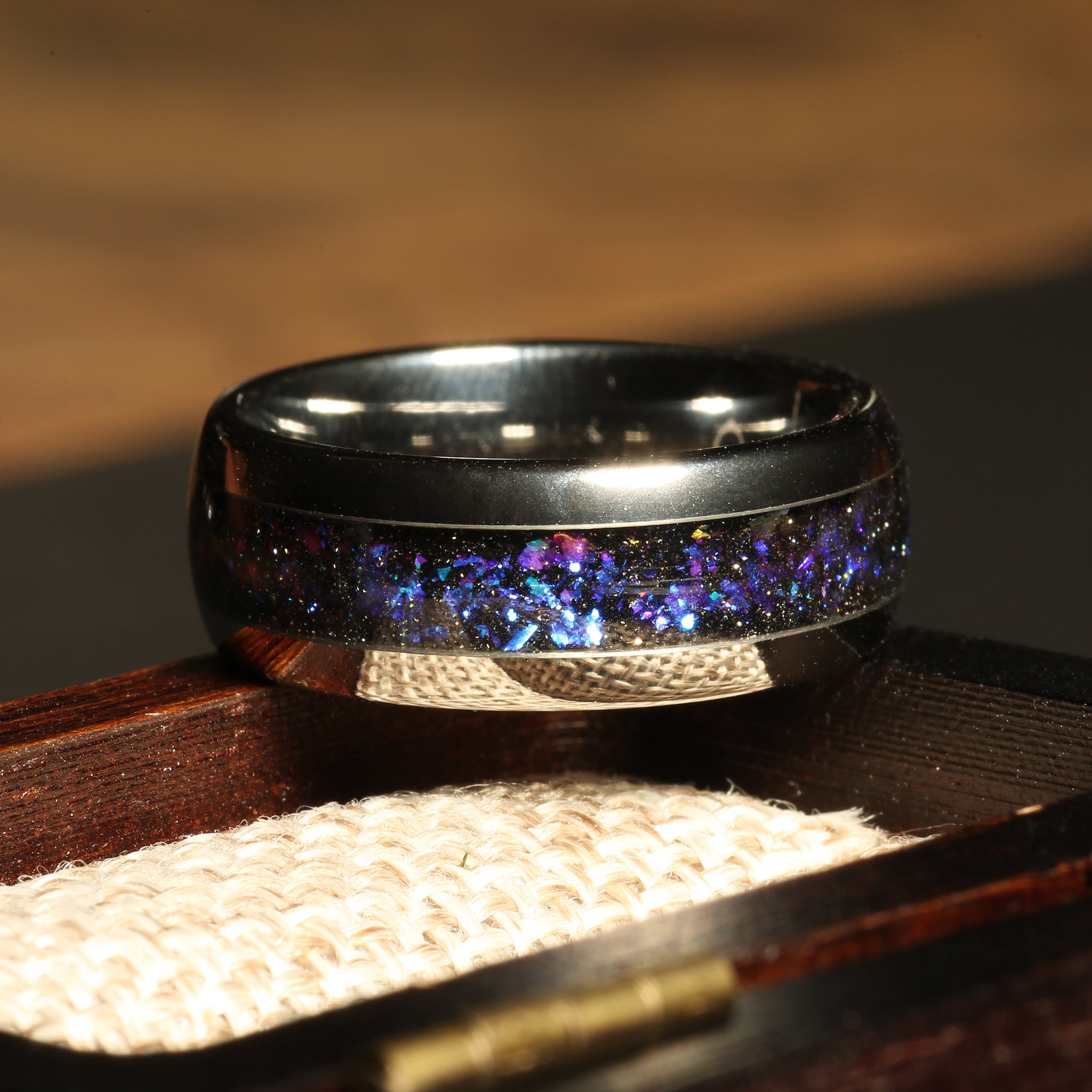 Milky Way Blue Sandstone Wedding Band for Men | 8mm Silver Tungsten Ring