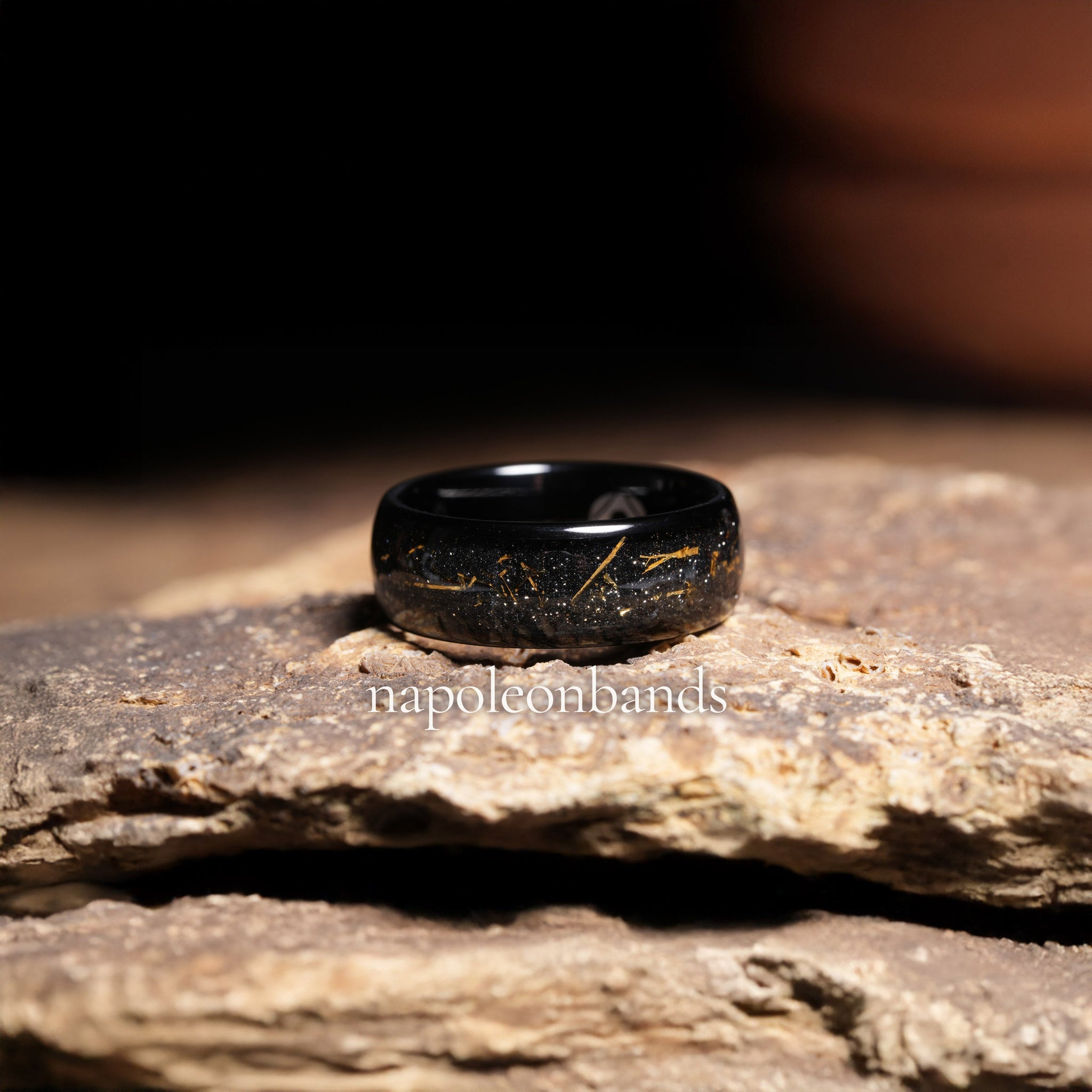 Meteorite Gold Sandstone Wedding Band for Men | 8mm Domed Black Tungsten Ring