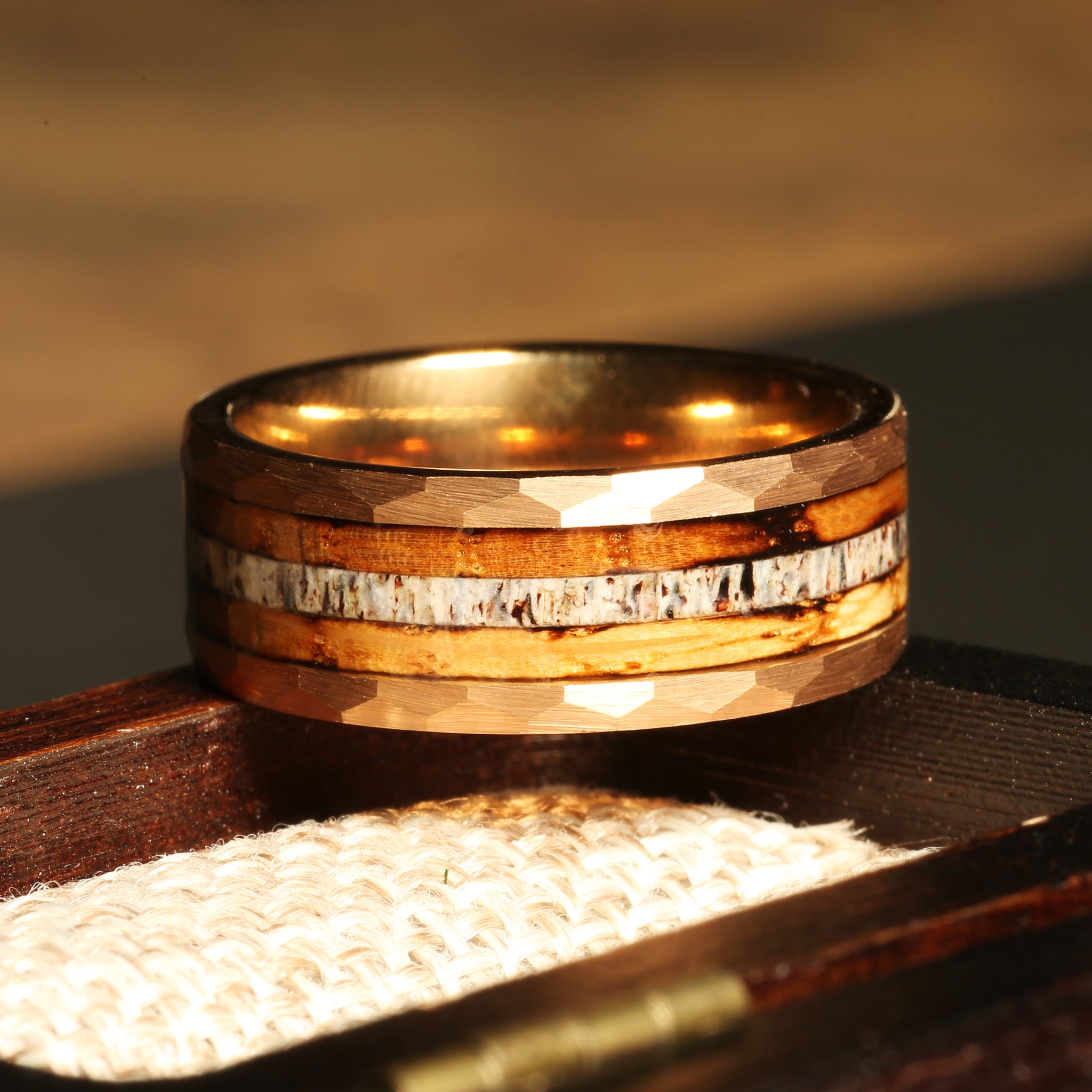 Elk Whiskey Barrel Deer Antler Wedding Band for Men | 8mm Rose Gold Tungsten Ring