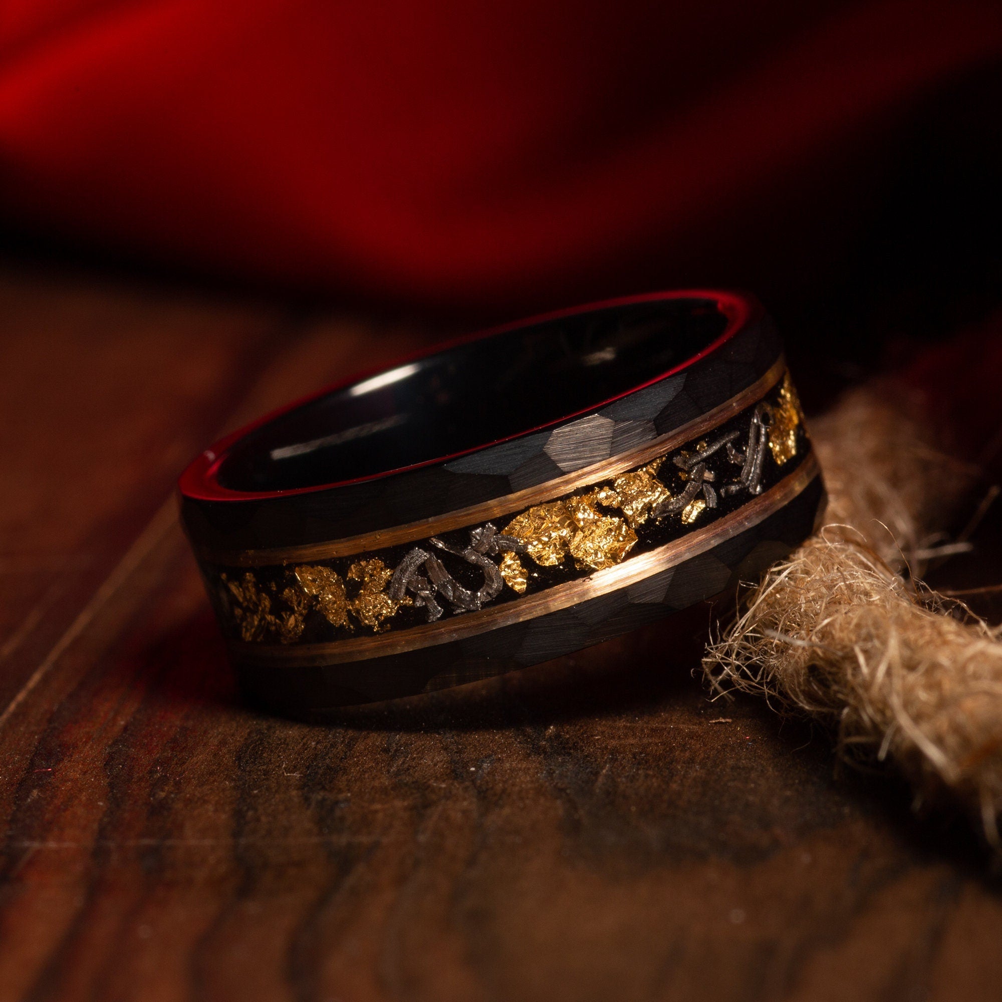 Meteorite Gold Leaf Wedding Band for Men | 8mm Black Tungsten Ring