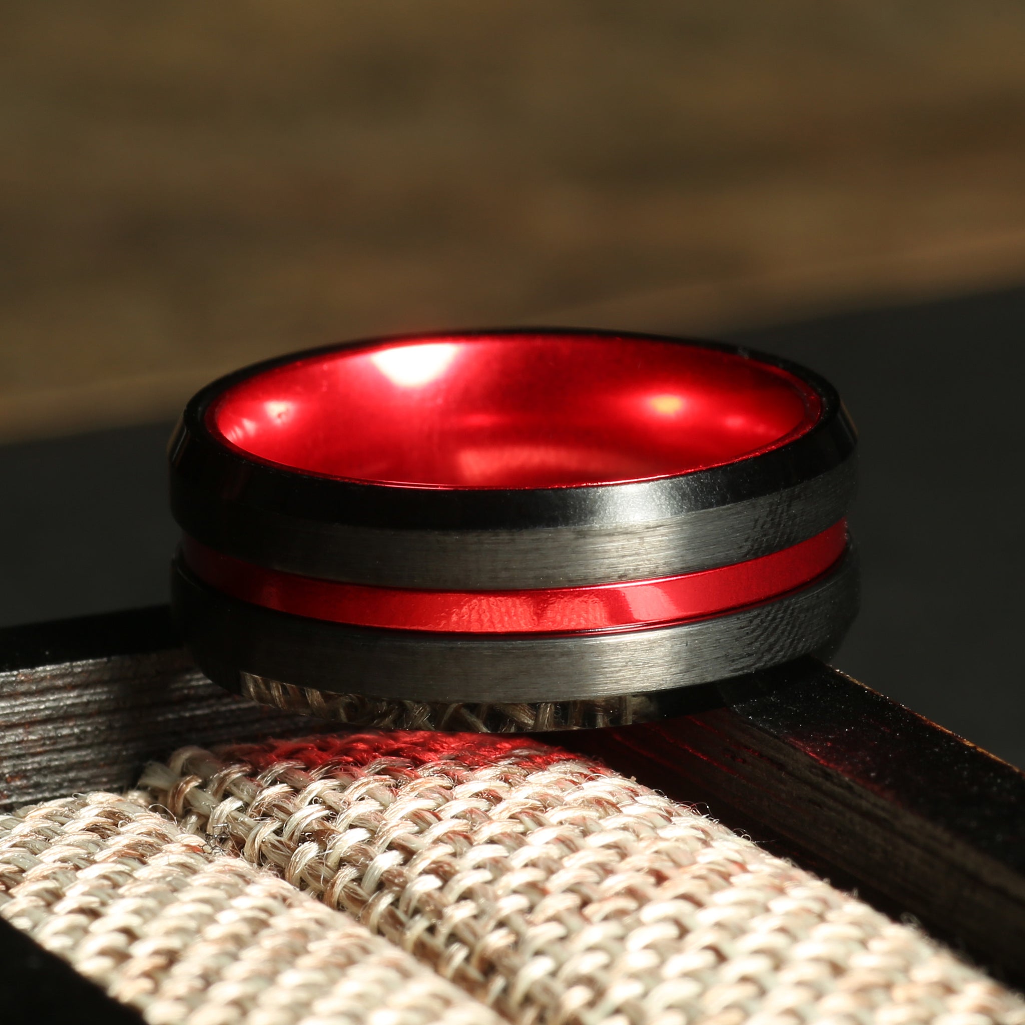Firefighter Red Line Wedding Band for Men | 8mm Black Brushed Tungsten Ring