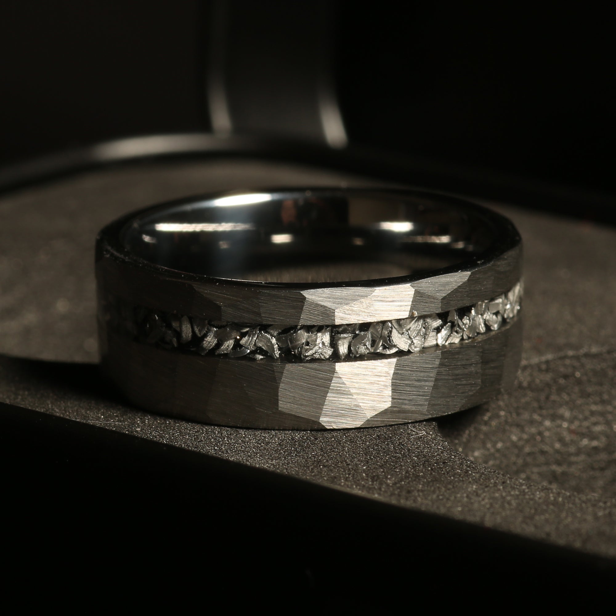 Silver Hammered Meteorite Wedding Band for Men | 8mm Tungsten Ring