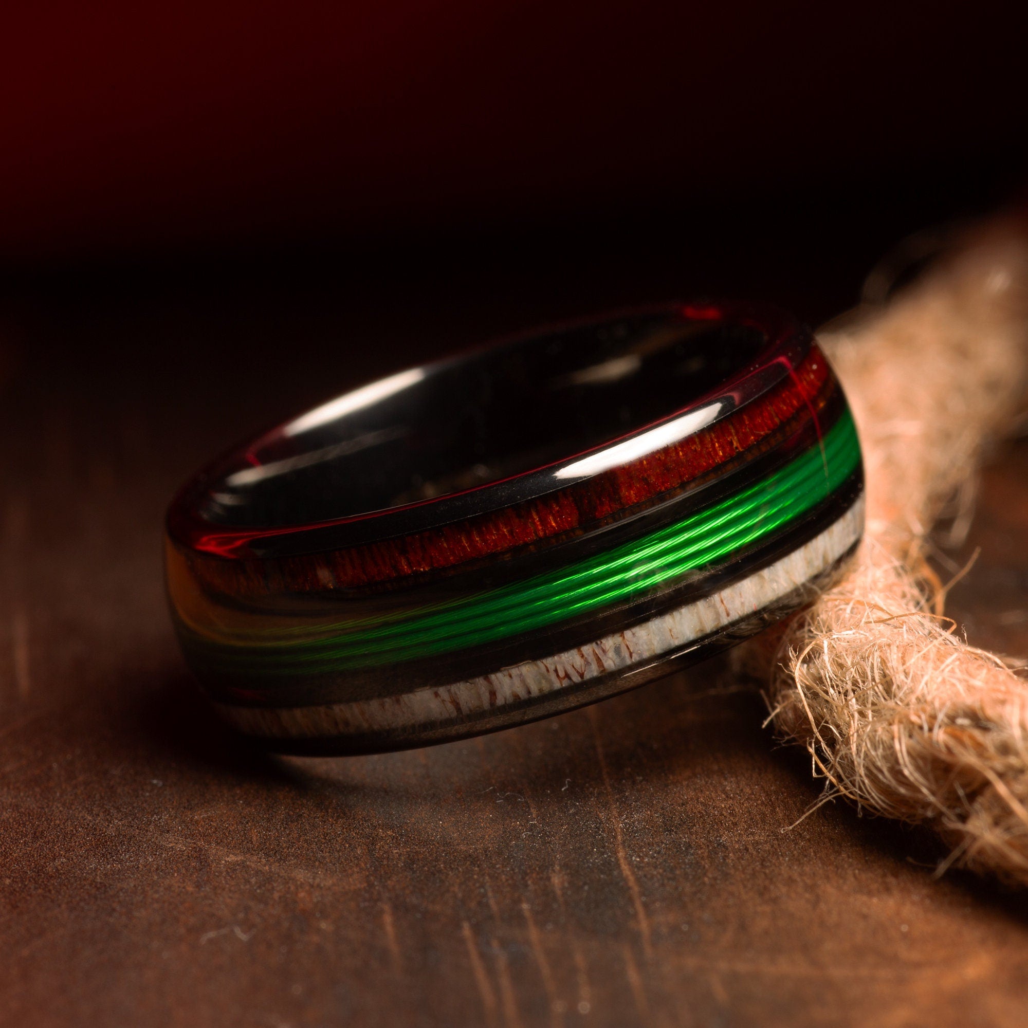 Koa Wood Deer Antler Fishing Line Wedding Band for Men | 8mm Black Tungsten Ring