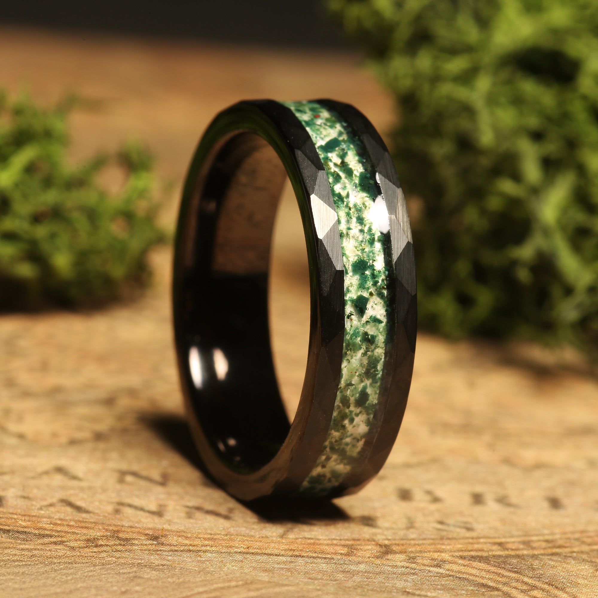 Moss Agate Wedding Band for Him or Her | 6mm Black Hammered Tungsten Ring