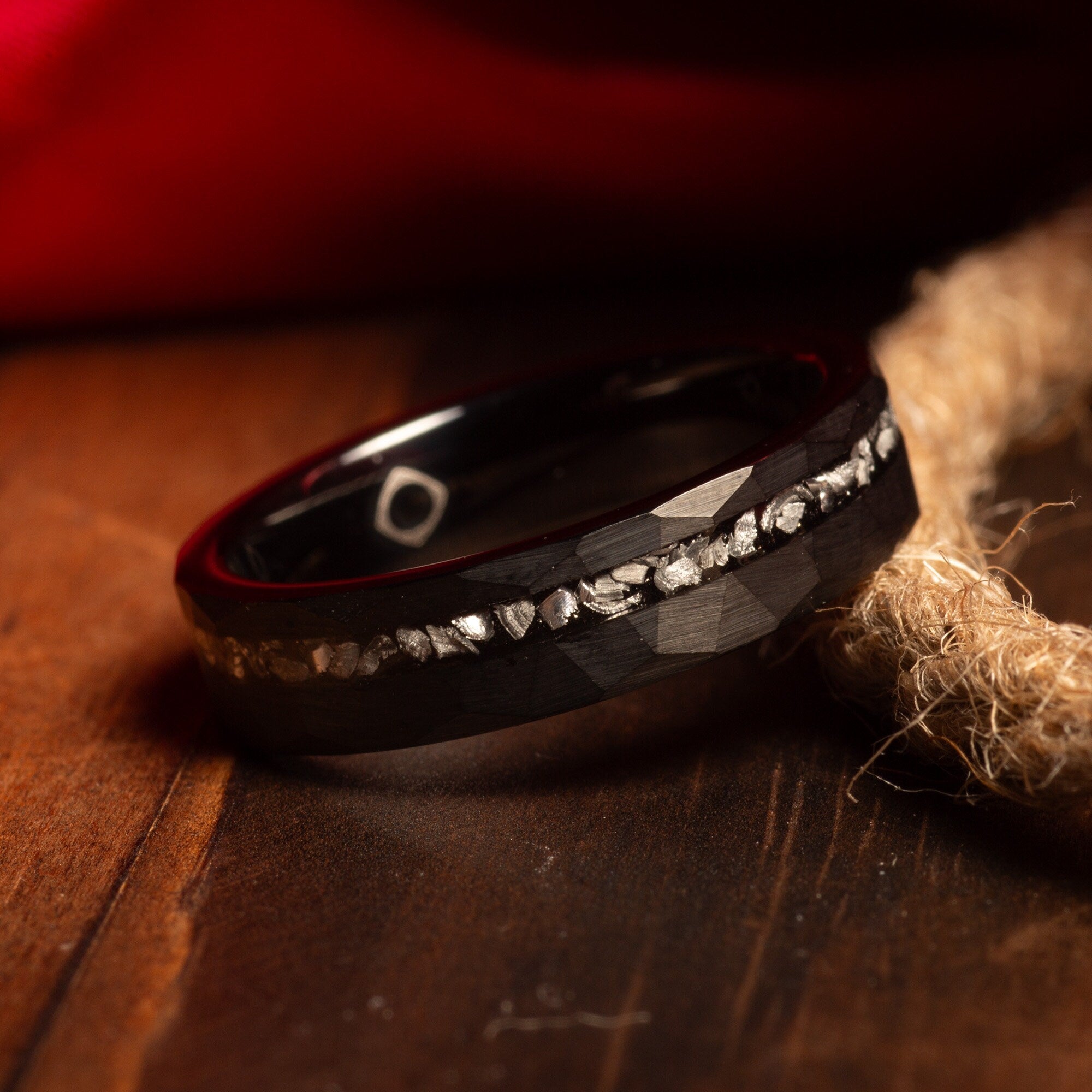 Black Hammered Meteorite Ring for Women | 4mm Tungsten Band