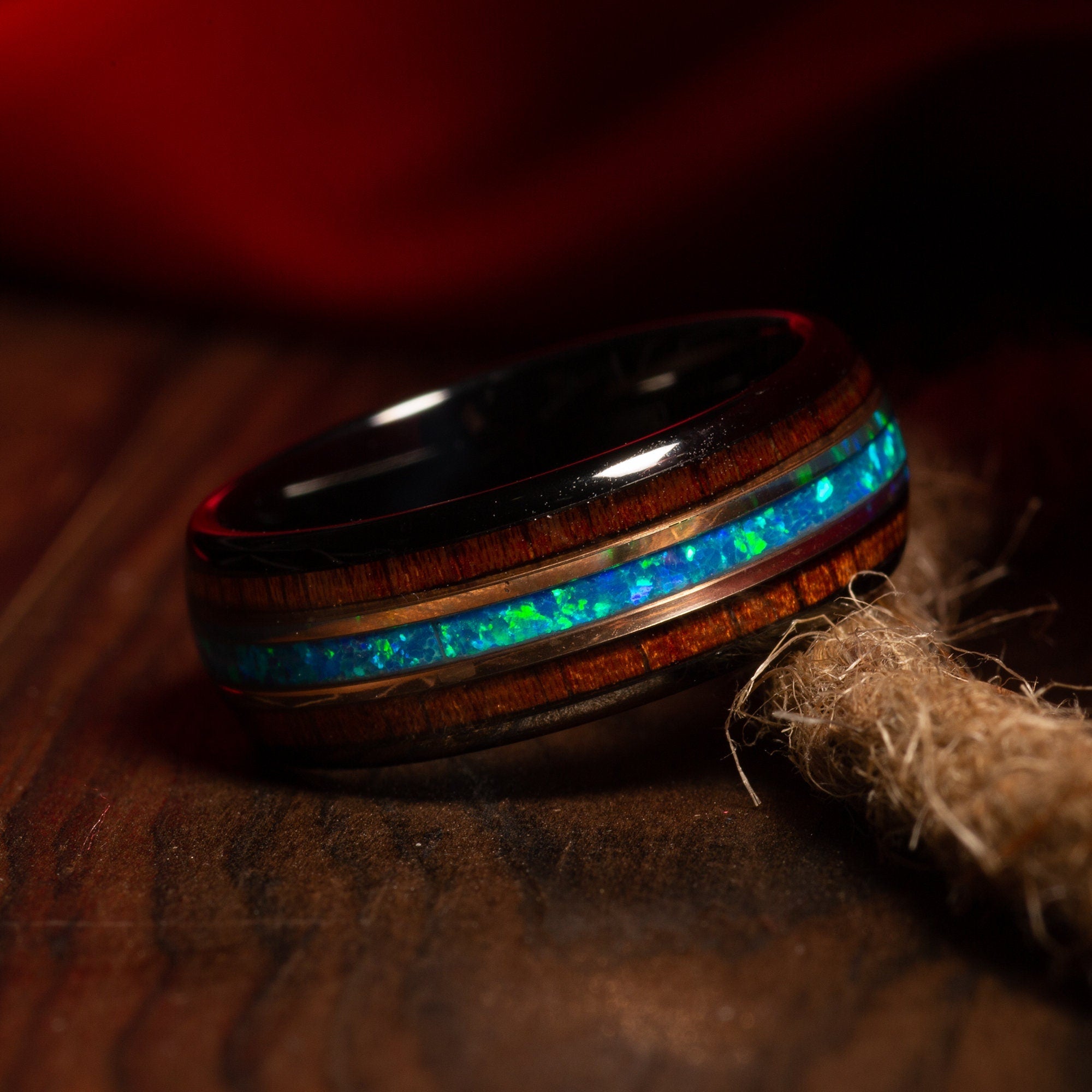 Koa Wood Blue Opal Wedding Band for Men | 8mm Black Tungsten Ring