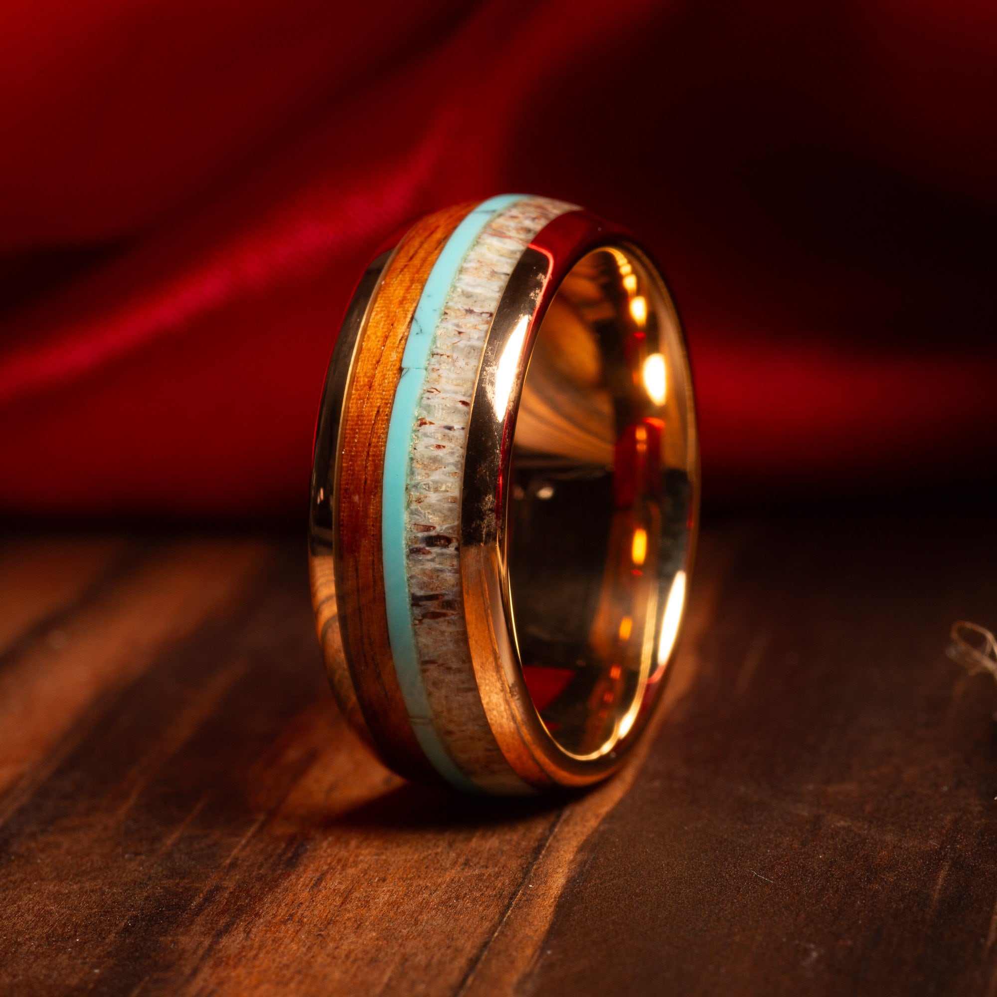 Koa Wood Turquoise Deer Antler Wedding Band for Men | 8mm Rose Gold Tungsten Ring