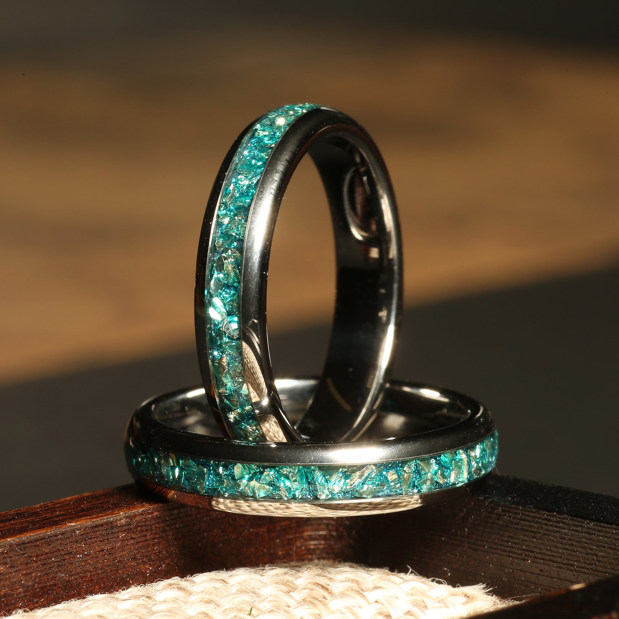 Aquamarine Matching Wedding Band Set | His and Hers Silver Tungsten Rings