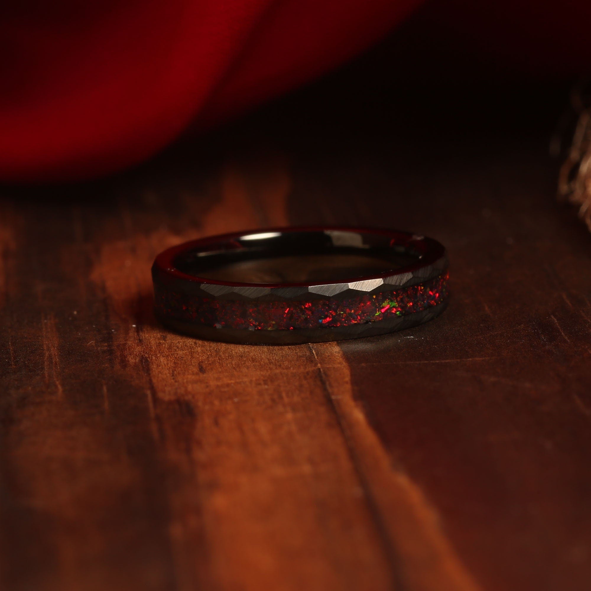 Fire Opal Matching Wedding Band Set | His and Hers Black Hammered Tungsten Rings