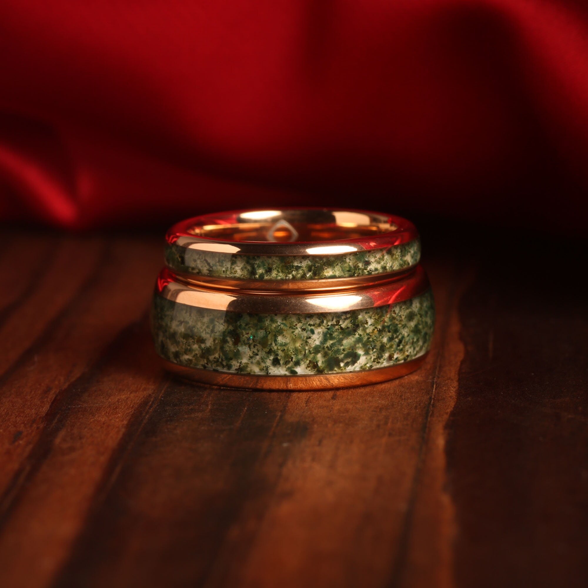 Domed Moss Agate Matching Wedding Band Set | His and Hers Rose Gold Tungsten Rings