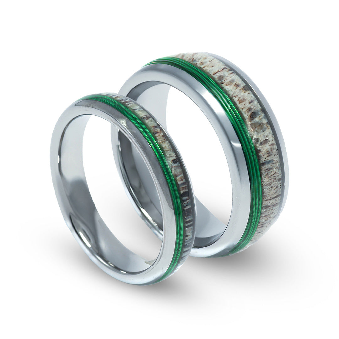 Deer Antler Fishing Line Matching Wedding Band Set | His and Hers Silver Tungsten Rings