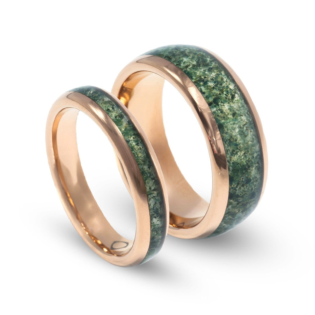 Domed Moss Agate Matching Wedding Band Set | His and Hers Rose Gold Tungsten Rings