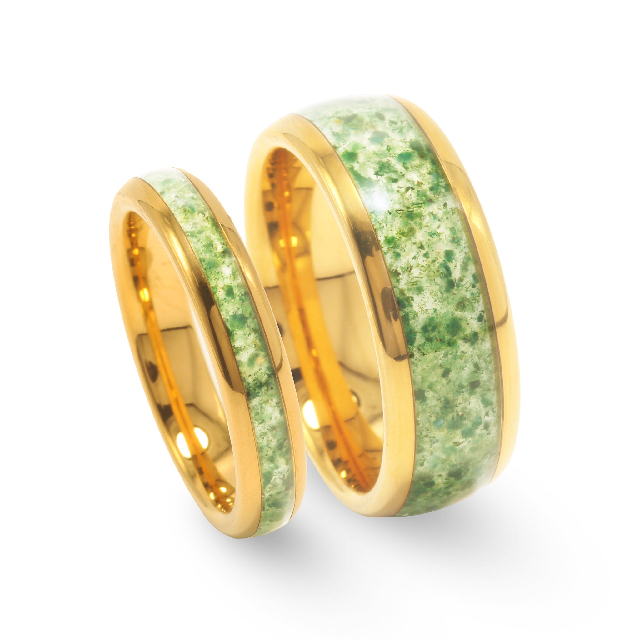 Evergold Moss Agate Matching Wedding Band Set | His and Hers Yellow Gold Tungsten Rings