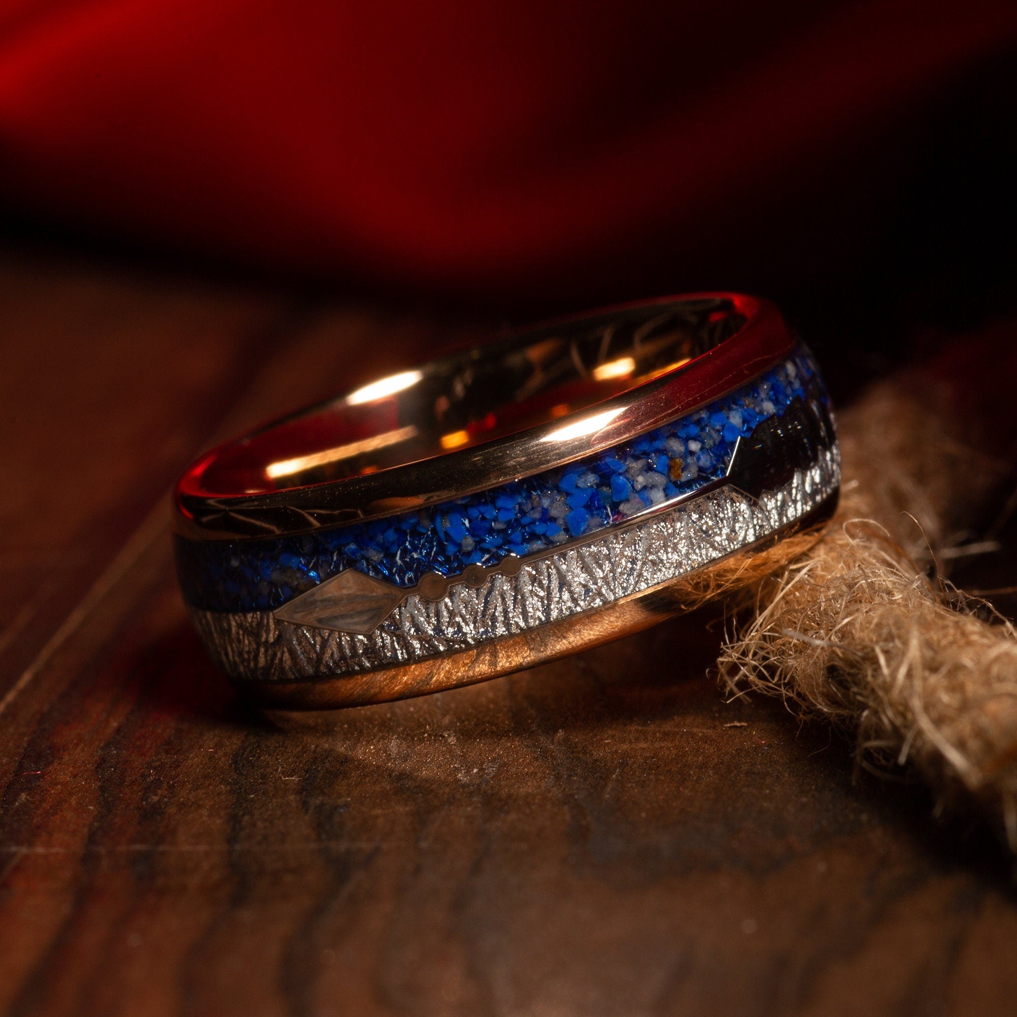 Meteorite Lapis Lazuli Wedding Band for Men | 8mm Rose Gold Tungsten Ring