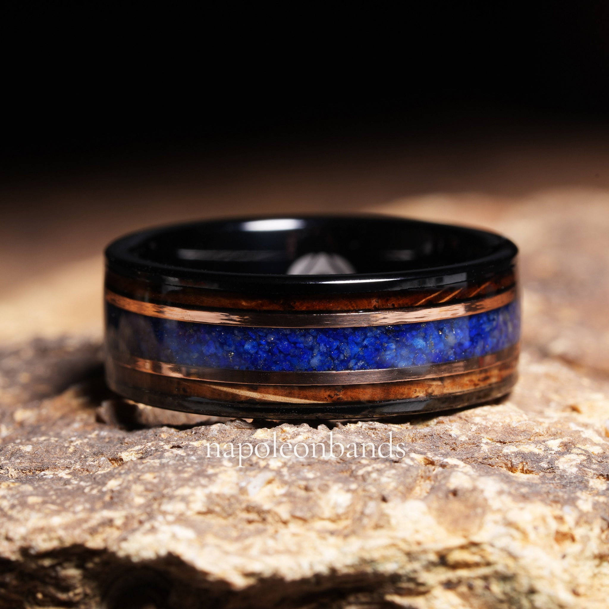 Whiskey Barrel Lapis Lazuli Wedding Band for Men | 8mm Black Tungsten Ring