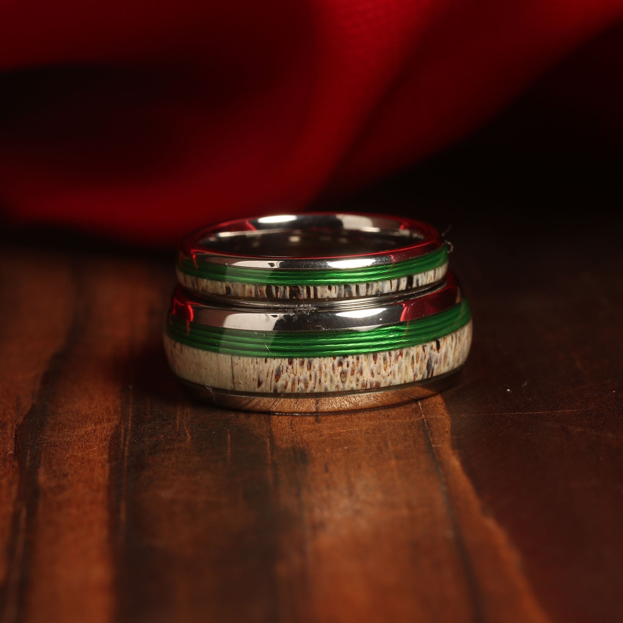 Deer Antler Fishing Line Matching Wedding Band Set | His and Hers Silver Tungsten Rings