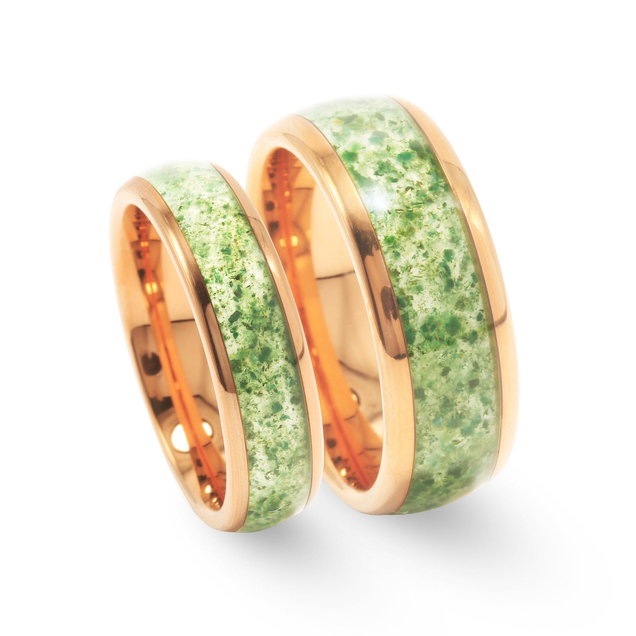 Moss Agate Rose Gold Matching Wedding Band Set | His and Hers Tungsten Rings