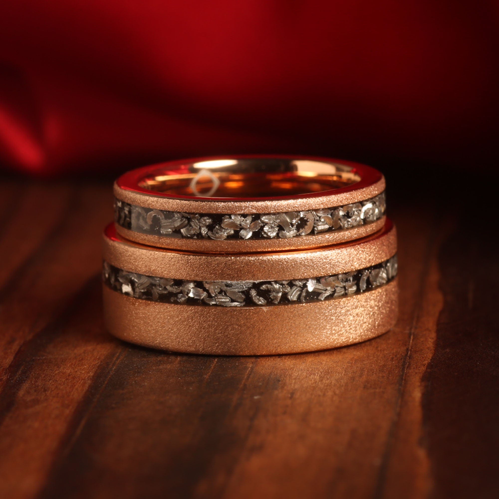 Meteorite Matching Wedding Band Set | Sandblasted Rose Gold Tungsten Rings