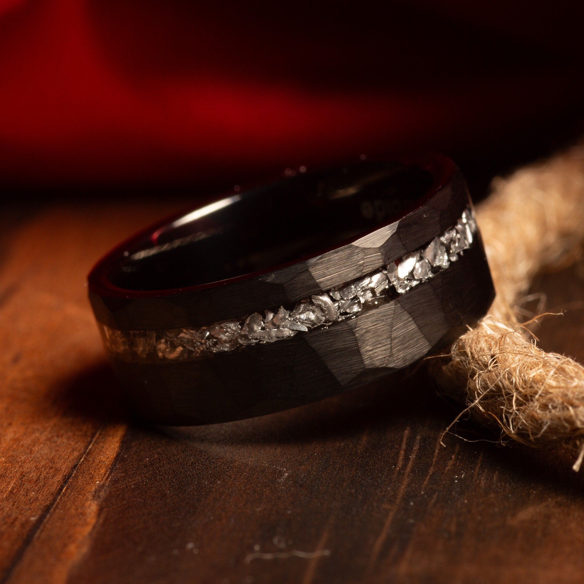 Meteorite Matching Wedding Band Set | His and Hers Black Hammered Tungsten Rings