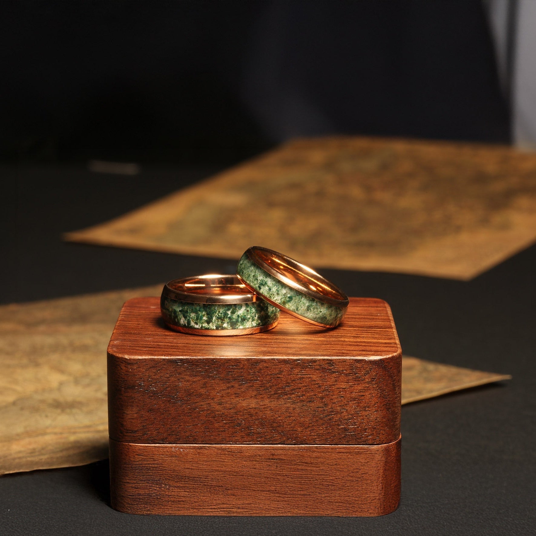 Moss Agate Rose Gold Matching Wedding Band Set | His and Hers Tungsten Rings