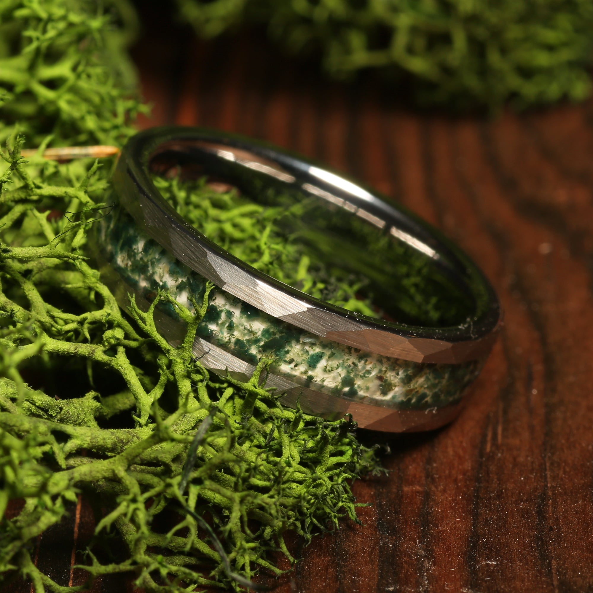Moss Agate Nature Ring for Men | 6mm Silver Hammered Tungsten Band