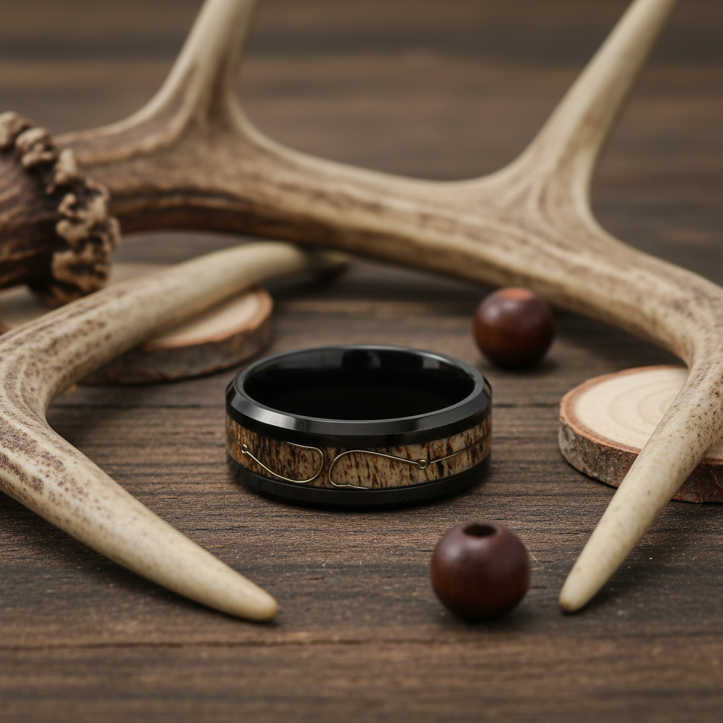 Fishing Hook Deer Antler Wedding Band for Men | 8mm Black Tungsten Ring
