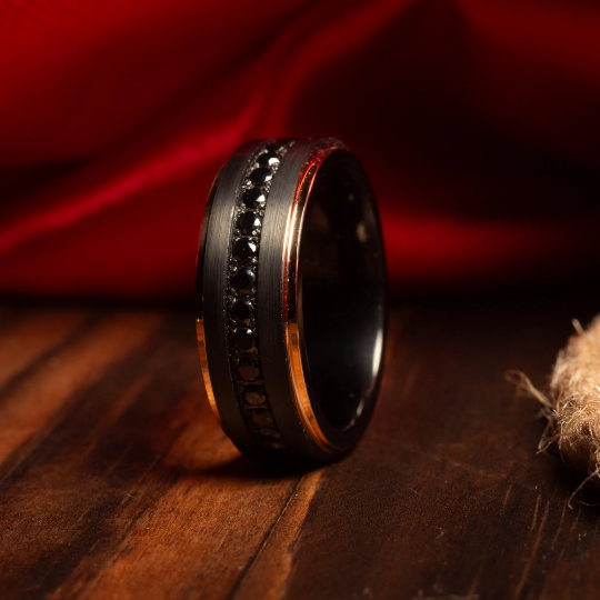 Black Zircon Wedding Band for Men | 8mm Black Tungsten Ring with Rose Gold Edge