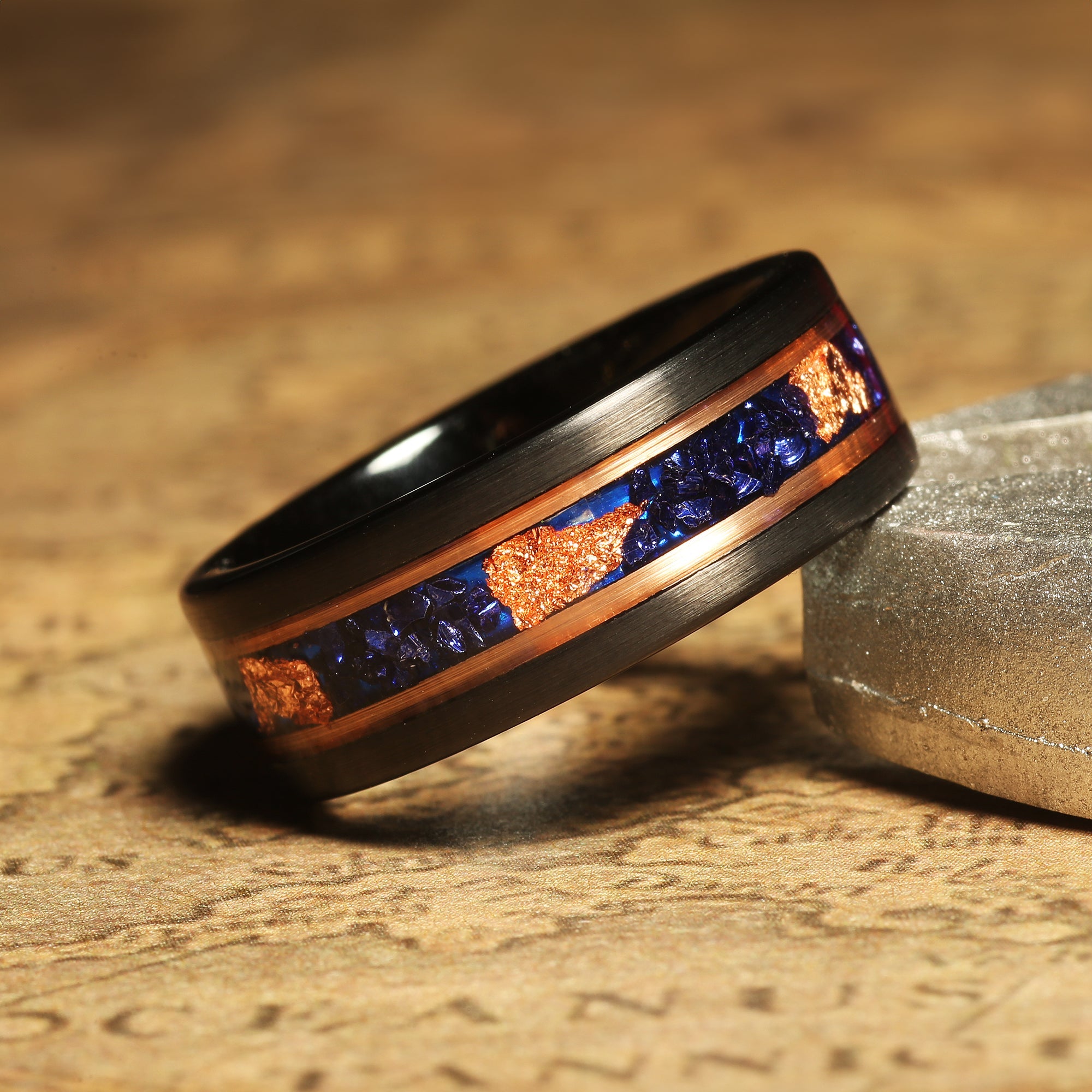 Blue Sapphire Gold Leaf Wedding Band for Men | 8mm Black Tungsten Ring