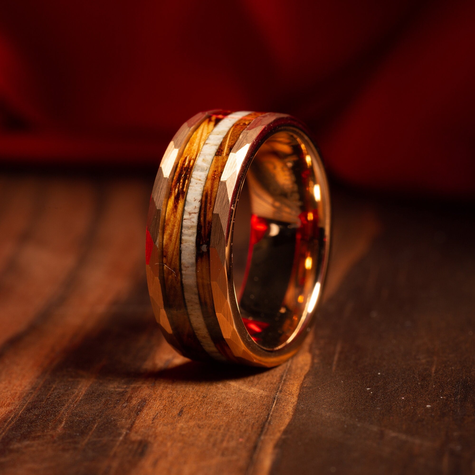 Elk Whiskey Barrel Deer Antler Wedding Band for Men | 8mm Rose Gold Tungsten Ring